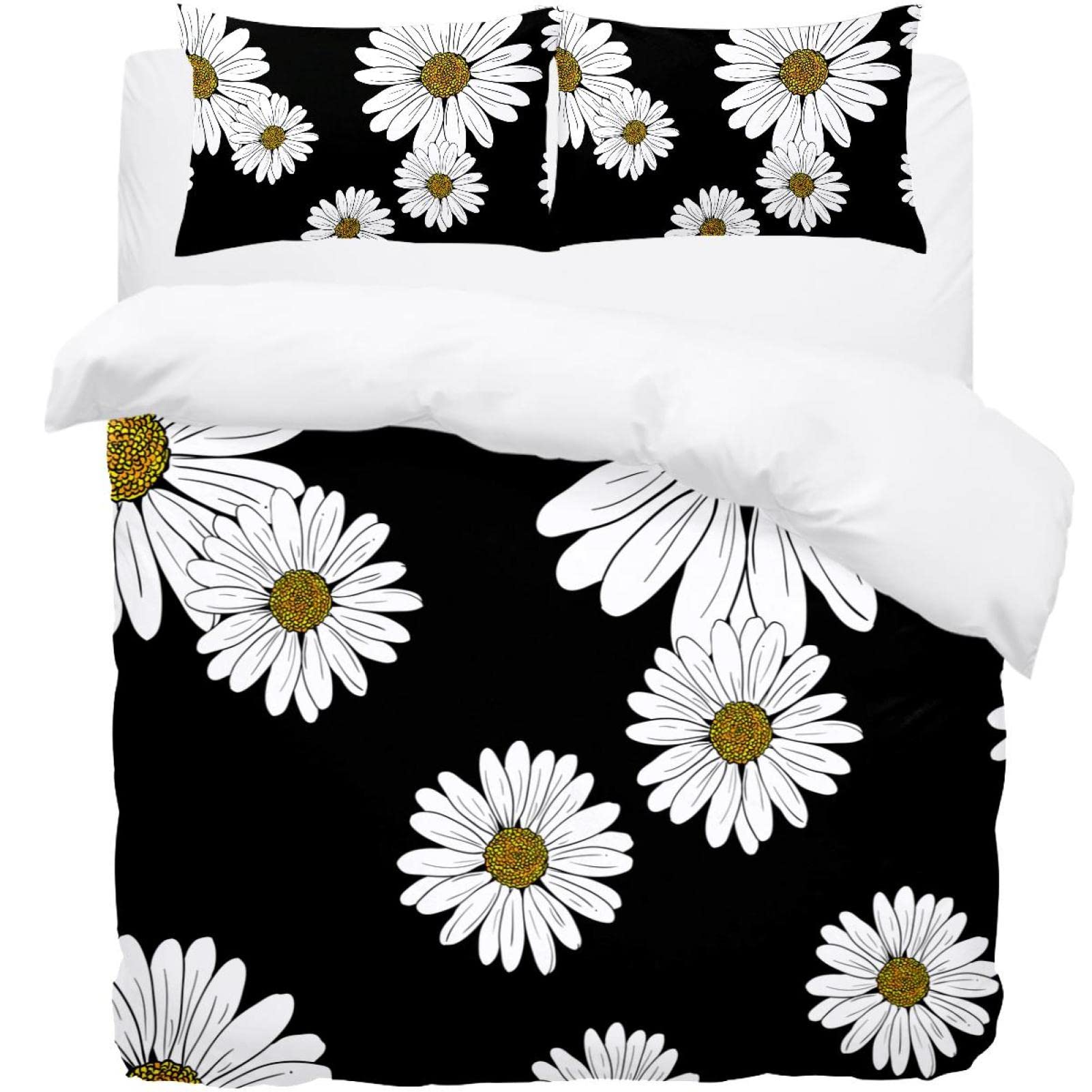 Parure de lit avec housse de couette fleurie en motif marguerites pour un lit doux