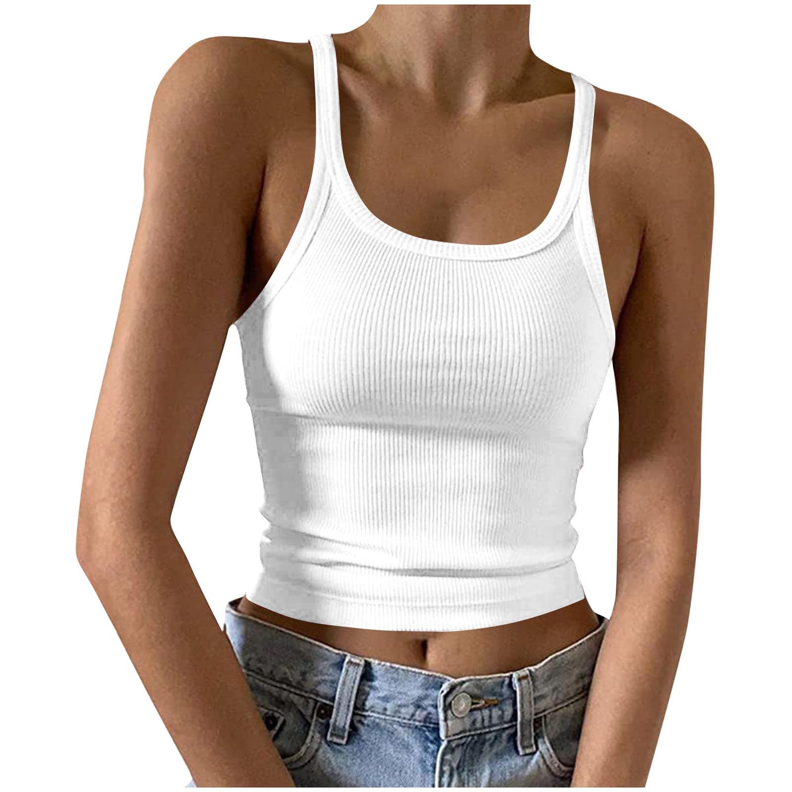 Firzero Sexy Tank Tops for Women Summer Ribbed Knit Round Neck Sleeveless Tops Summer Slim Fitted Casual Basic