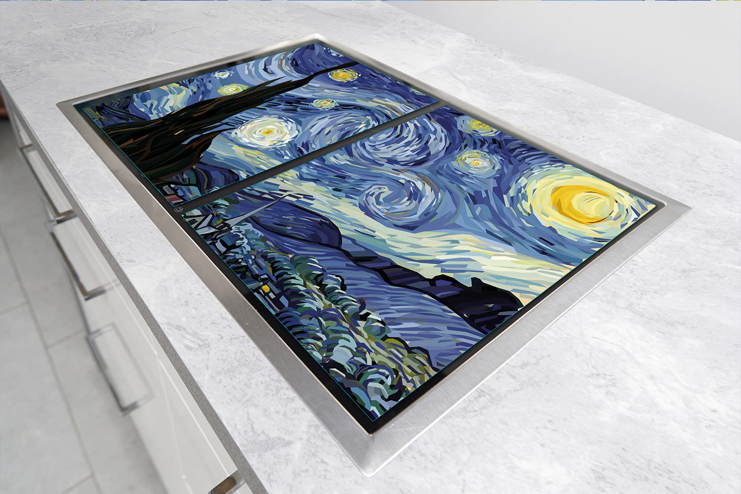 Piastre di copertura per piano cottura in ceranfeld 2 pezzi 100x52 cm | copertura per piano cottura cottura elettrico a induzione | paraschizzi | tagliere in vetro | Pezzo d'arte