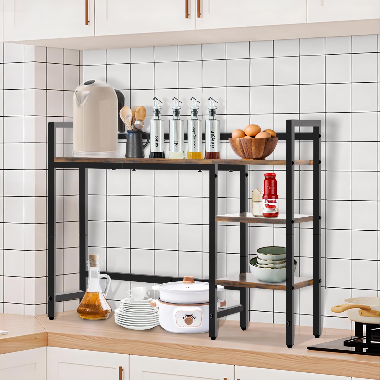 Mensola da scrivania, 114 cm, organizer da scrivania per monitor del computer, 4 ripiani, per casa, ufficio, dormitorio, marrone rustico