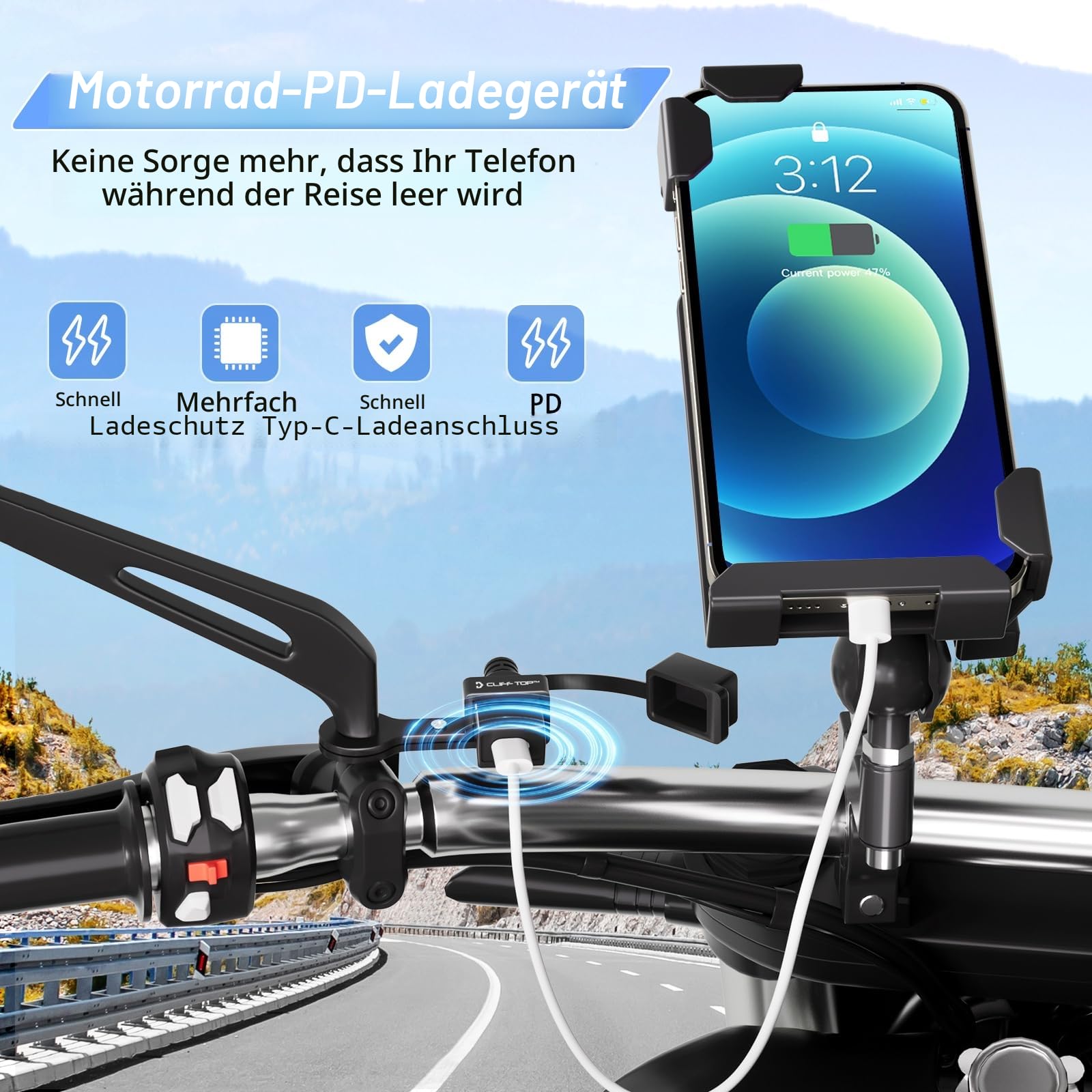 Cliff Top Motorrad-USB-Steckdose Wasserdicht 18W PD Type-C Schnellladegerät, 10mm Rückspiegelhalterung, USB Motorrad Ladegerät mit SAE-Sicherungskabel