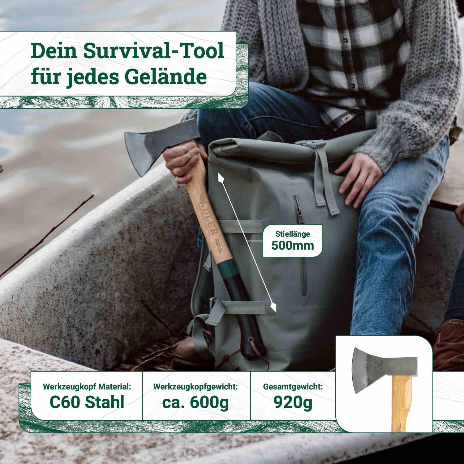 ADLER Kanuaxt Handaxt 600g 50 cm C60 Hickorystiel Spalten Feuerholz Rot | Geschmiedeter Kopf ein und beidhändig nutzbar mit Lederschutz Made in Germany