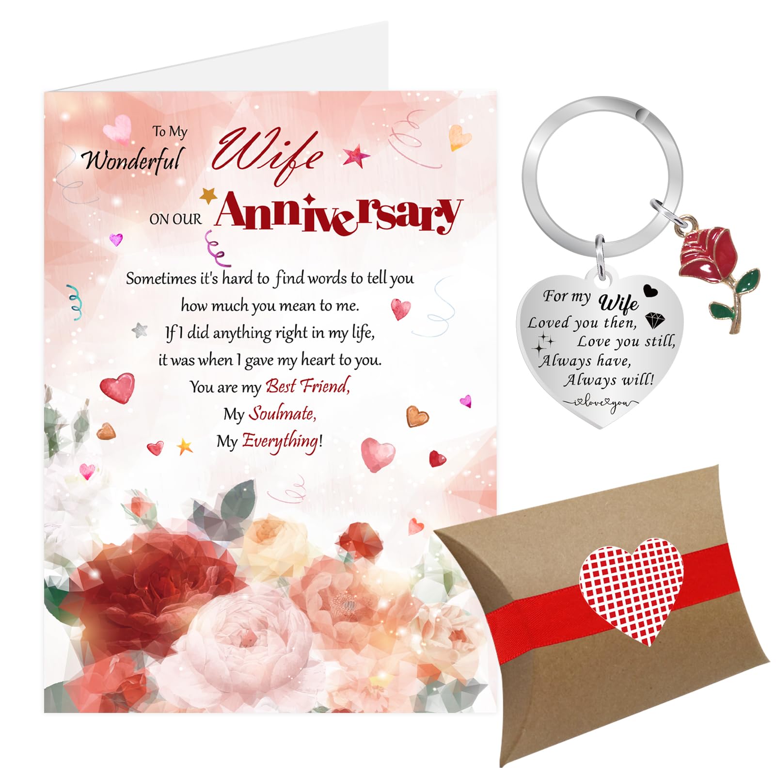 Anniversary Card for Wife, Wedding Anniversary Card from Husband, Anniversary Heart Rose Keyring Gifts for Her with Envelope Gift Box (Wife)