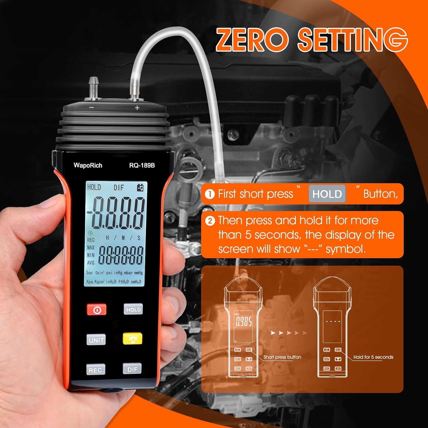 Manometro a gas pressure metro, 11 unità selezionabili differenziale a doppia porta manometro ad aria compressa HVAC manometro digitale con retrolight RQ-189B