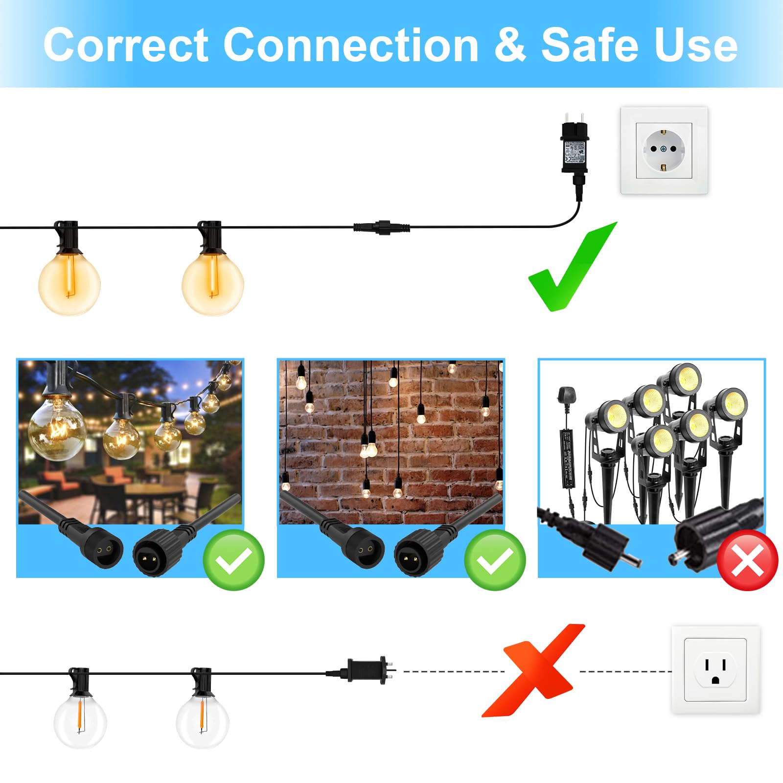 5M/16.4FT Outdoor Lights Extension Cable, 2 Pin Led Light Garden Extension Lead Wire Waterproof Outdoor Connector Cable for Festoon/Icicle/Net / G40 Globe/Curtain/Christmas/Fairy Lights — view 3