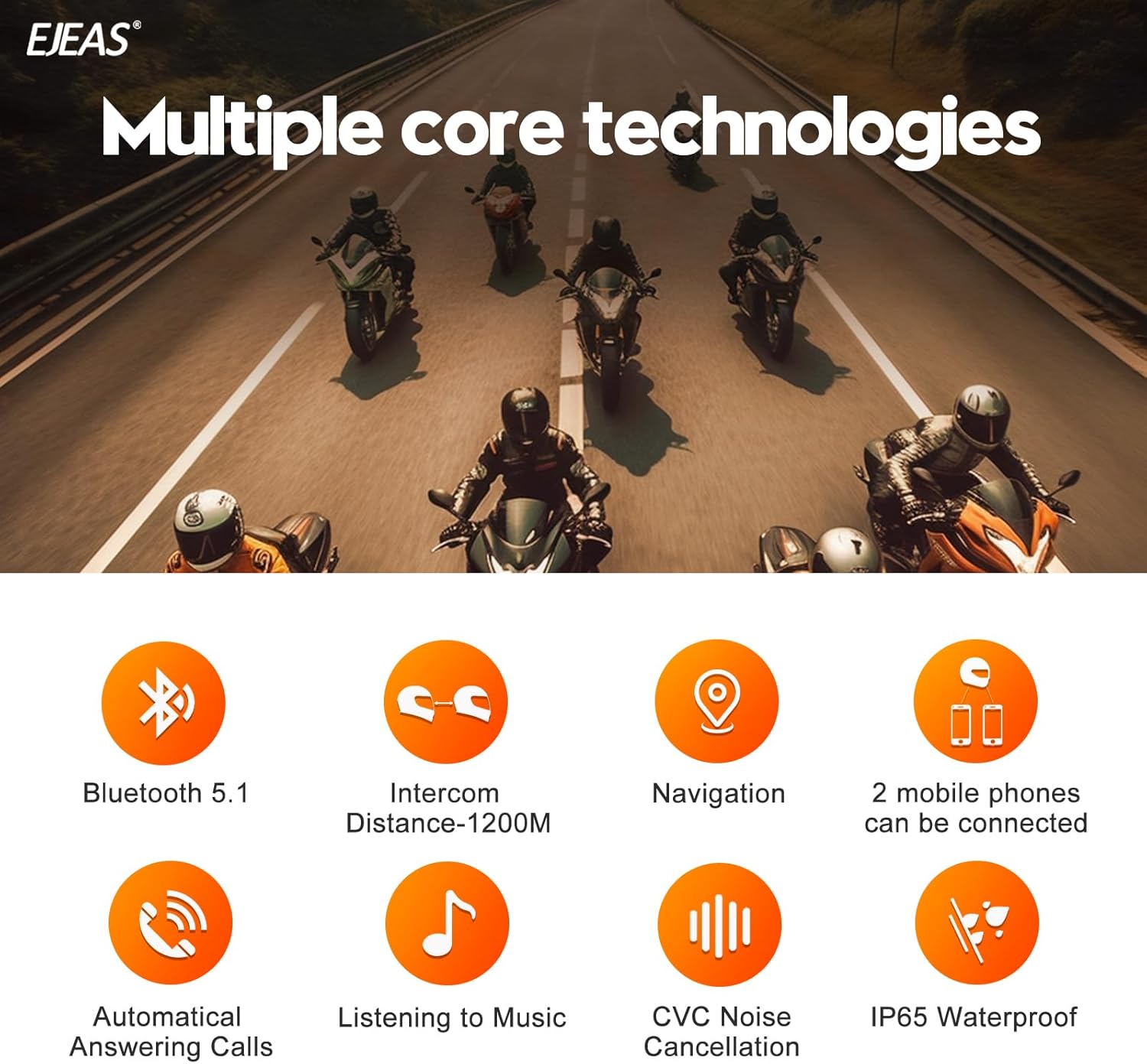 Diagram showing key features of EJEAS V7 intercom: Bluetooth 5.1, 1200M intercom, Navigation, 2 mobile phones, Auto-answering, Music, CVC Noise Cancellation, IP65 Waterproof