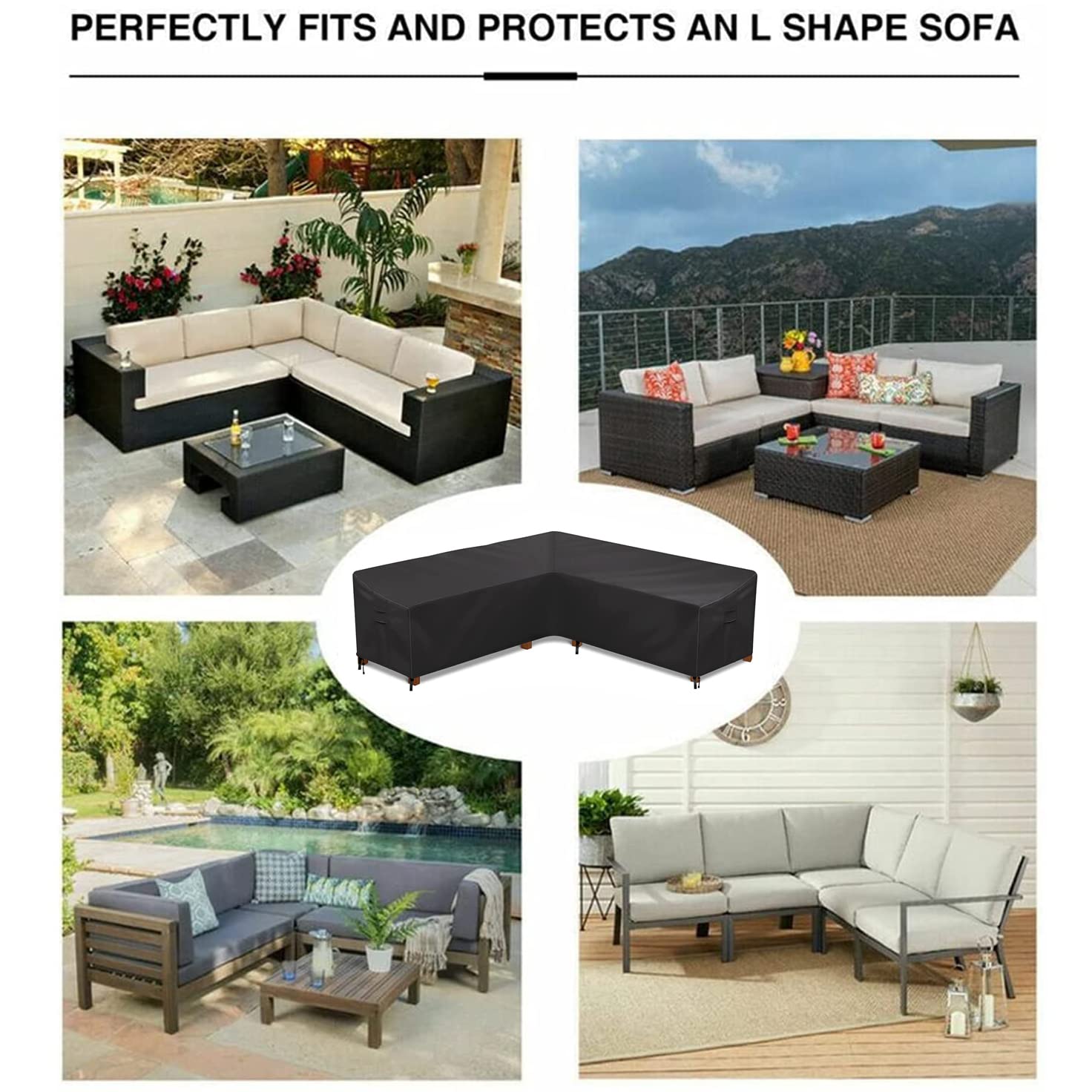 Futrzany pokrowiec ochronny, wodoodporna sofa narożna L(V) S, pokrowiec 420D, tkanina wołu, rattanowy pokrowiec ochronny na patio, uniwersalny, do użytku na zewnątrz (czarny, 300 x 300 x 98 x 70 cm)