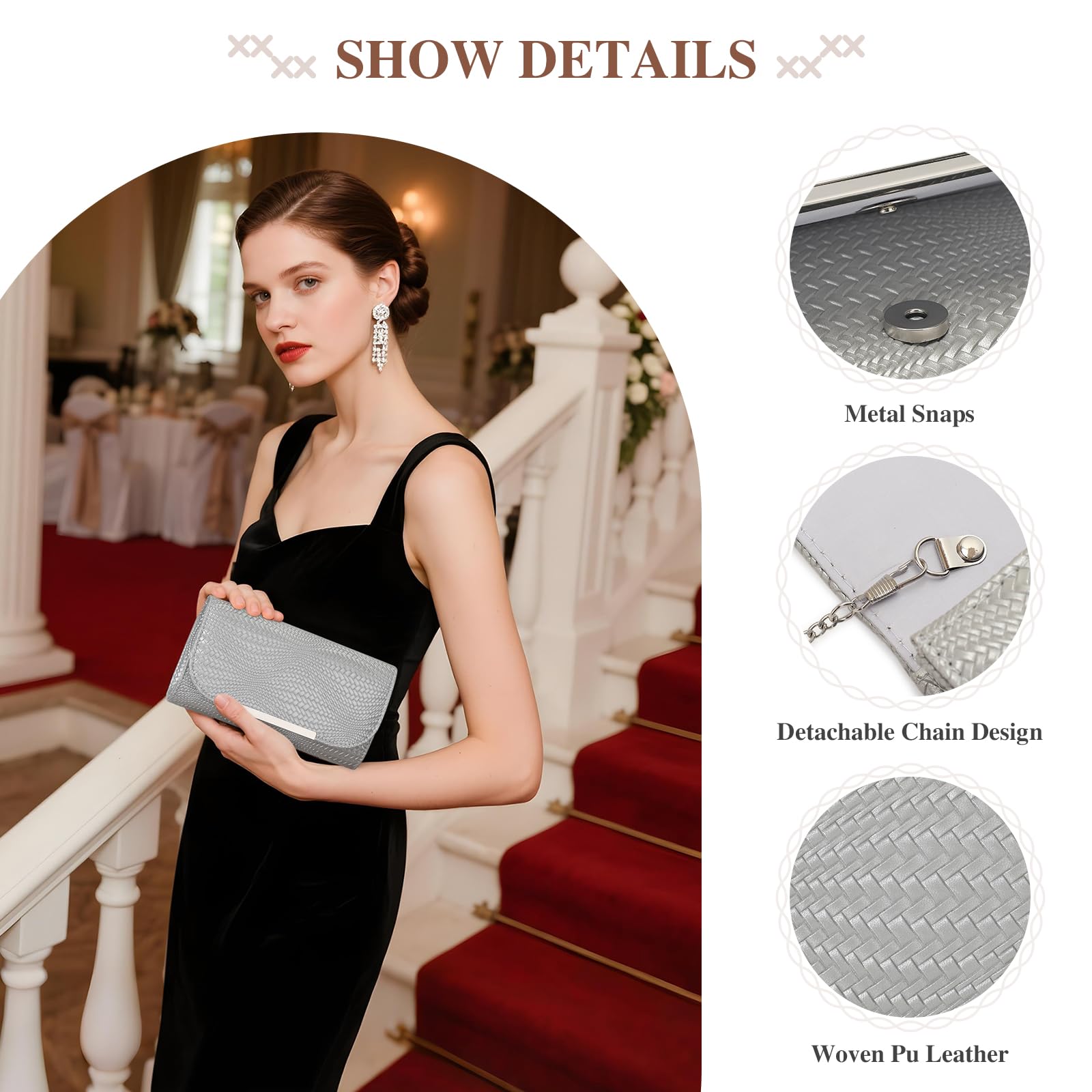 BAIGIO Clutch damska torebka wieczorowa ze skóry PU, elegancka torebka dla panny młodej, torebka na łańcuszek, na wesele, mała torba na ramię