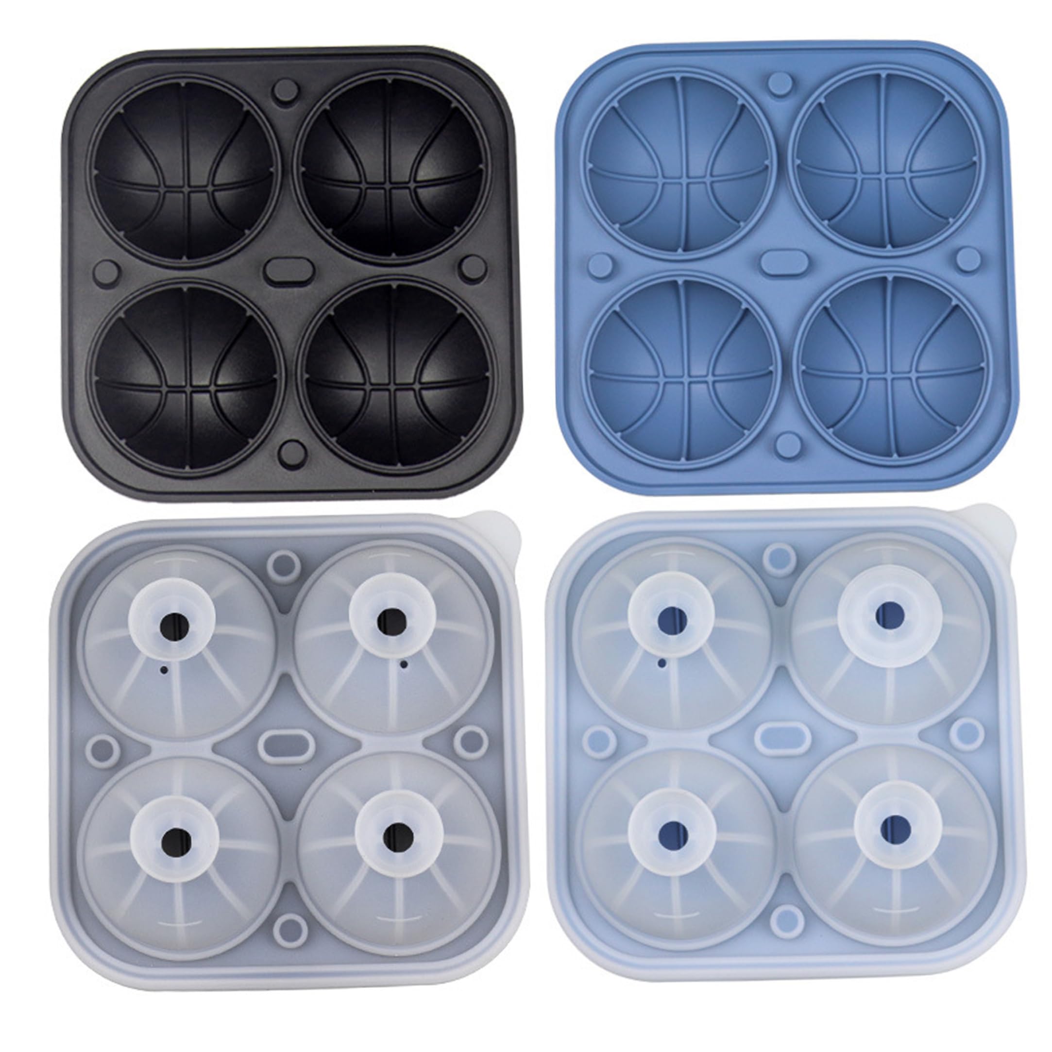 Xoeryoy 2PCS Silicone Ice Ball Mold, 3D Sports Ball Shaped Sphere Ice Mold 4-Cavity for Cocktails, Bourbon, Brandy, Whiskey, Blue & Black, Basketball
