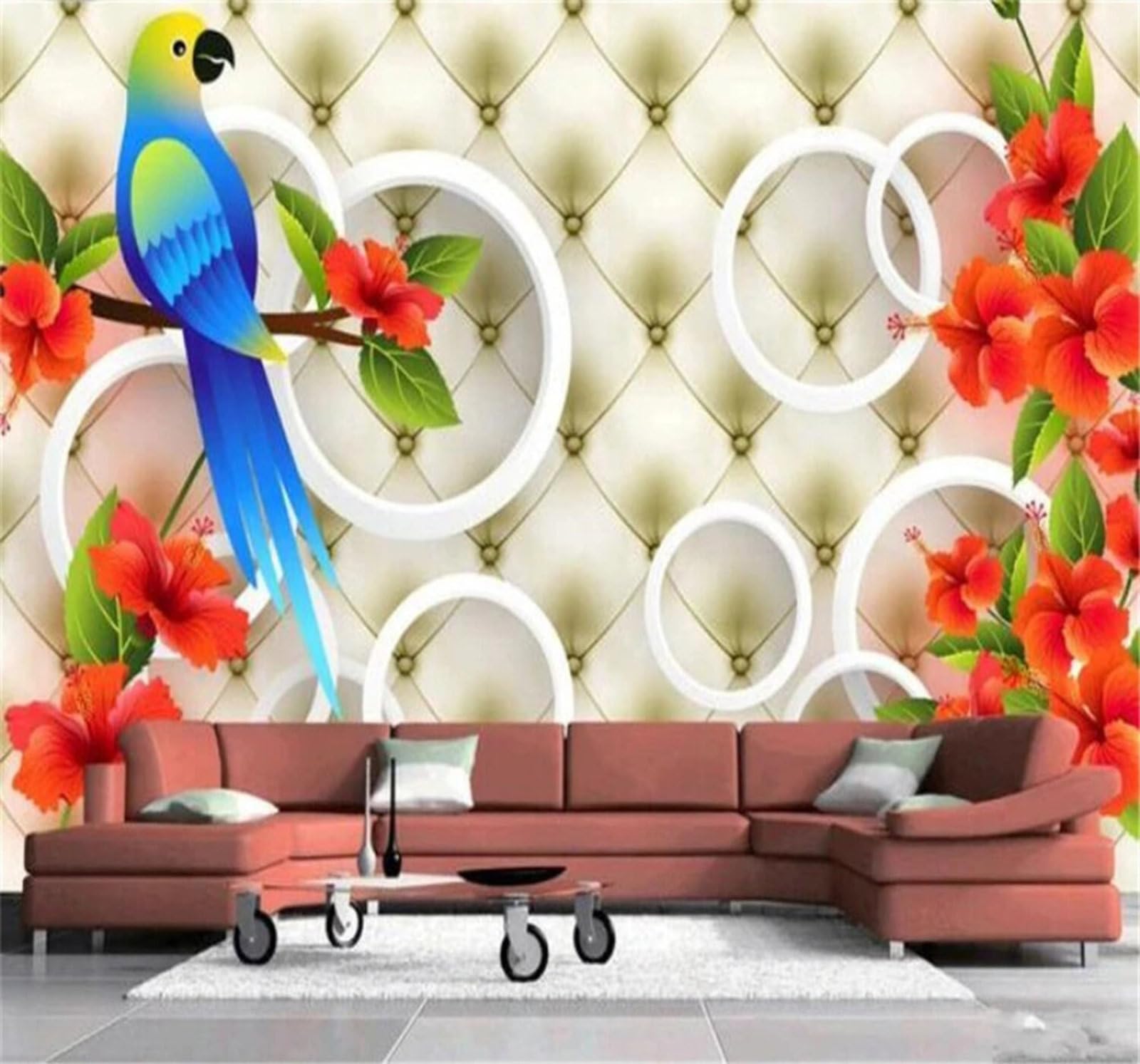 Beautiful Hand Painted Flowers and Birds Round Cushion 3D Wallpaper Easy Install Feature Office Living Room Sofa Bedroom TV Background Wall Decoration-350cm×256cm