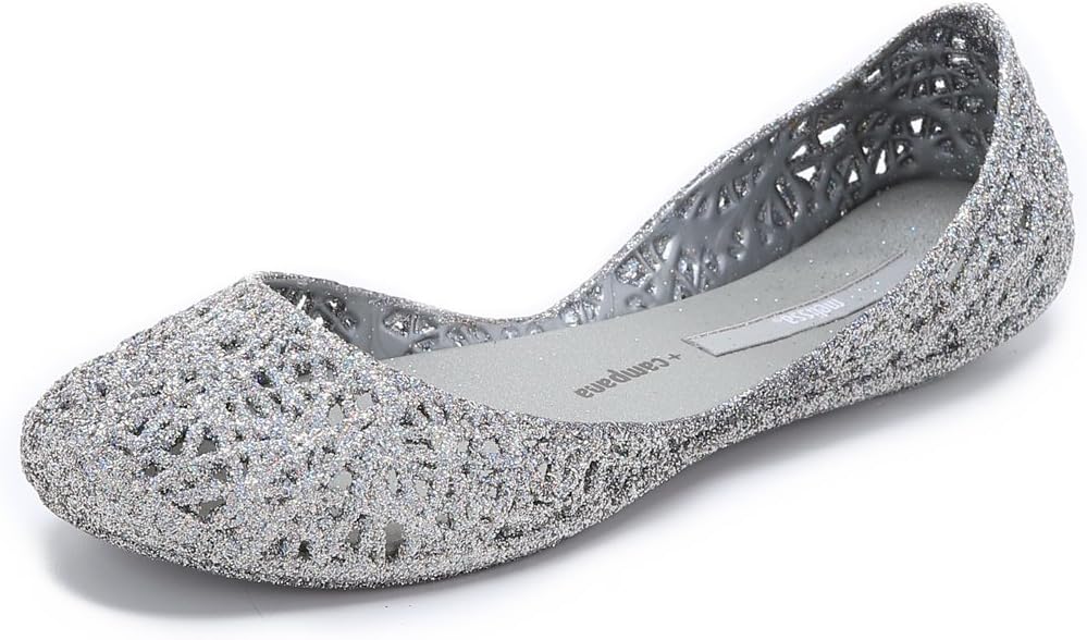 Melissa Women's Campana Zig Zag II Flats, Silver Glitter, 7 M US