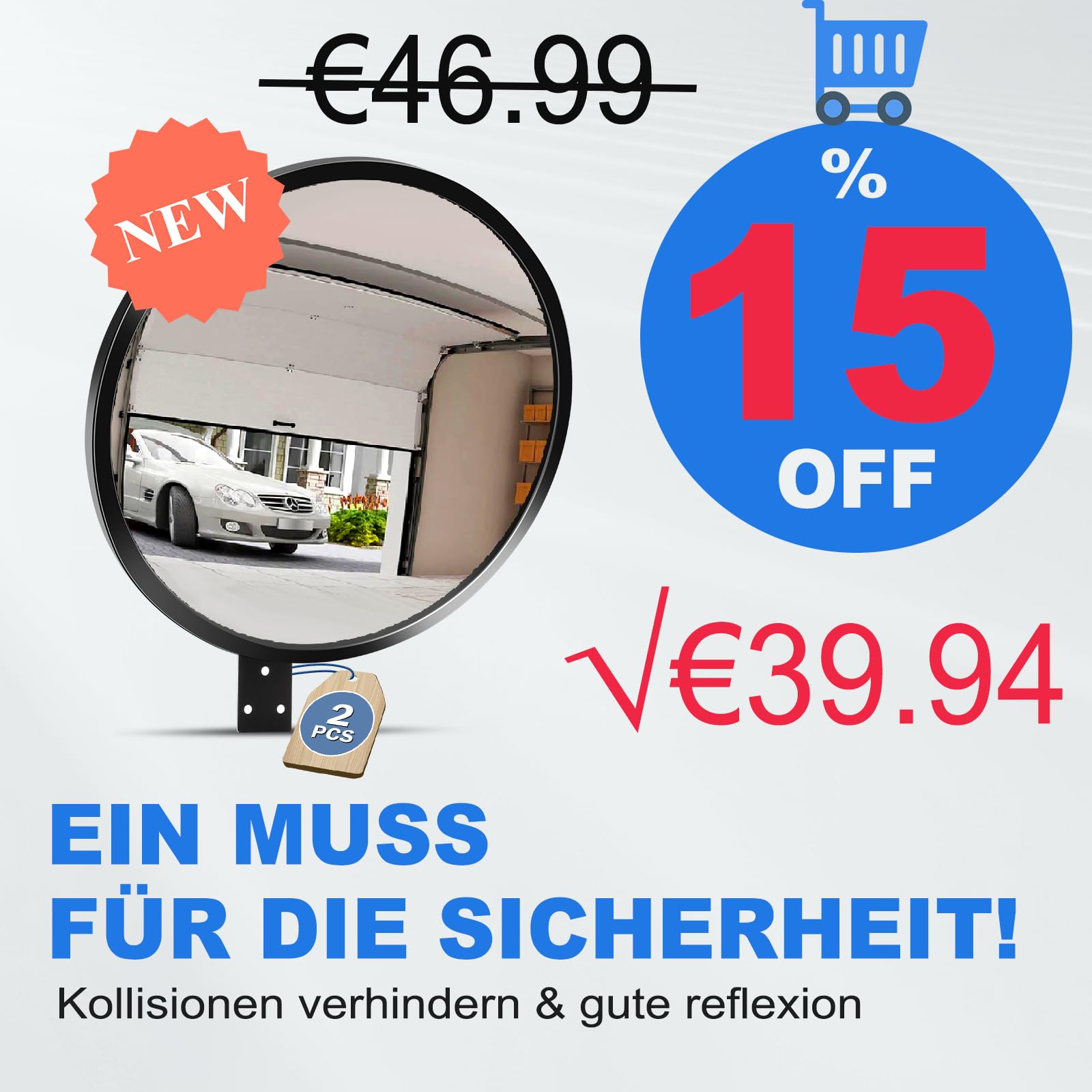 moveland 55 cm konvexspiegel - Verstellbarer Acryl-Verkehrsspiegel spiegel garage - Weitwinkel-Parabolspiegel für Einfahrten, Garage, Verkehr, Hof (Support Indoor und Outdoor, 180 Grad konvex