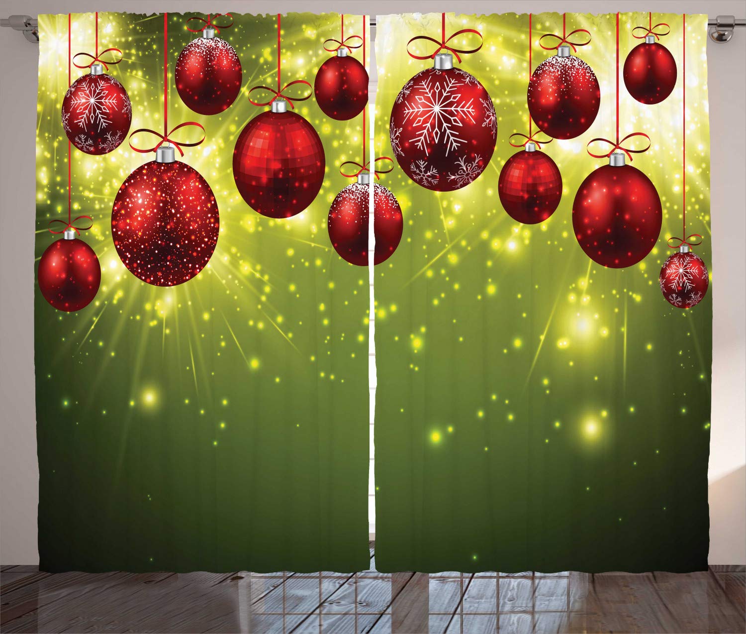 Ambesonne Christmas Curtains, Vibrant Colored New Year Design Psychedelic Digital Effects and Baubles Print, Living Room Bedroom Window Drapes 2 Panel Set, 108" X 84", Green Red