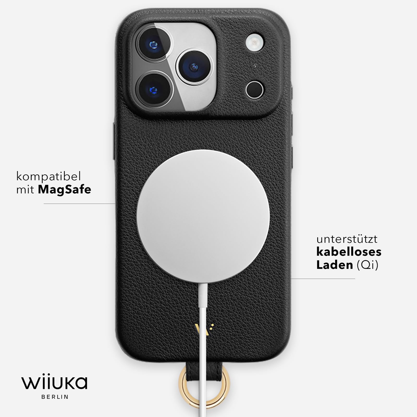 WIIUKA Funda para iPhone 17 Pro, piel de Alemania, funda de piel para teléfono móvil, funda para teléfono móvil, funda para teléfono móvil, funda de cadena, correa de cuello, lazo de esquí, negro