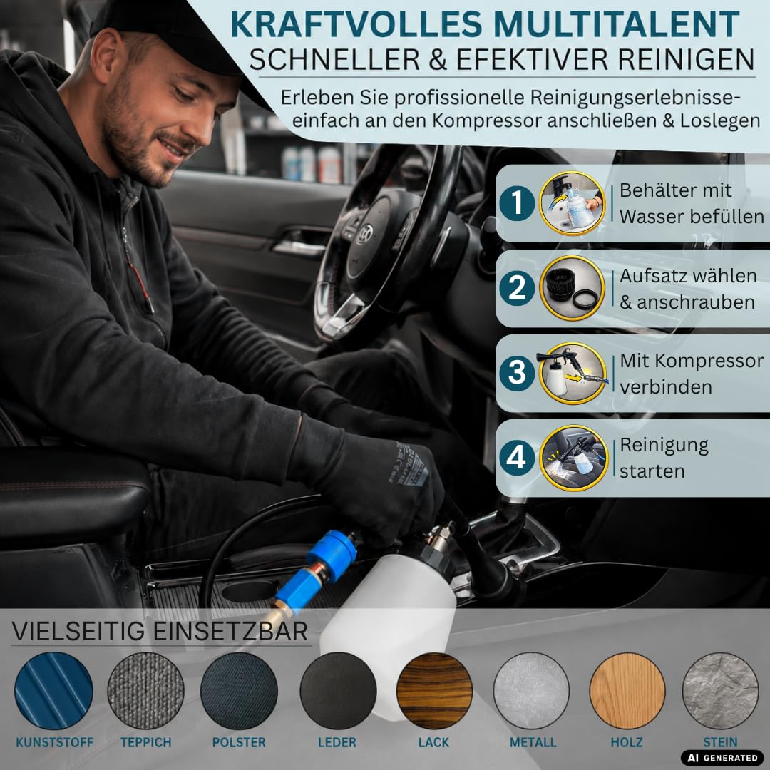 Wirbelqraft® Druckluft Reinigungspistole – robuste Ausblaspistole mit Wirbel-Effekt für wirkungsvolle Auto/KFZ-Innenreinigung – Komplett-Set mit 1L Füllbehälter, Bürstenaufsatz & Luftdruckpistole
