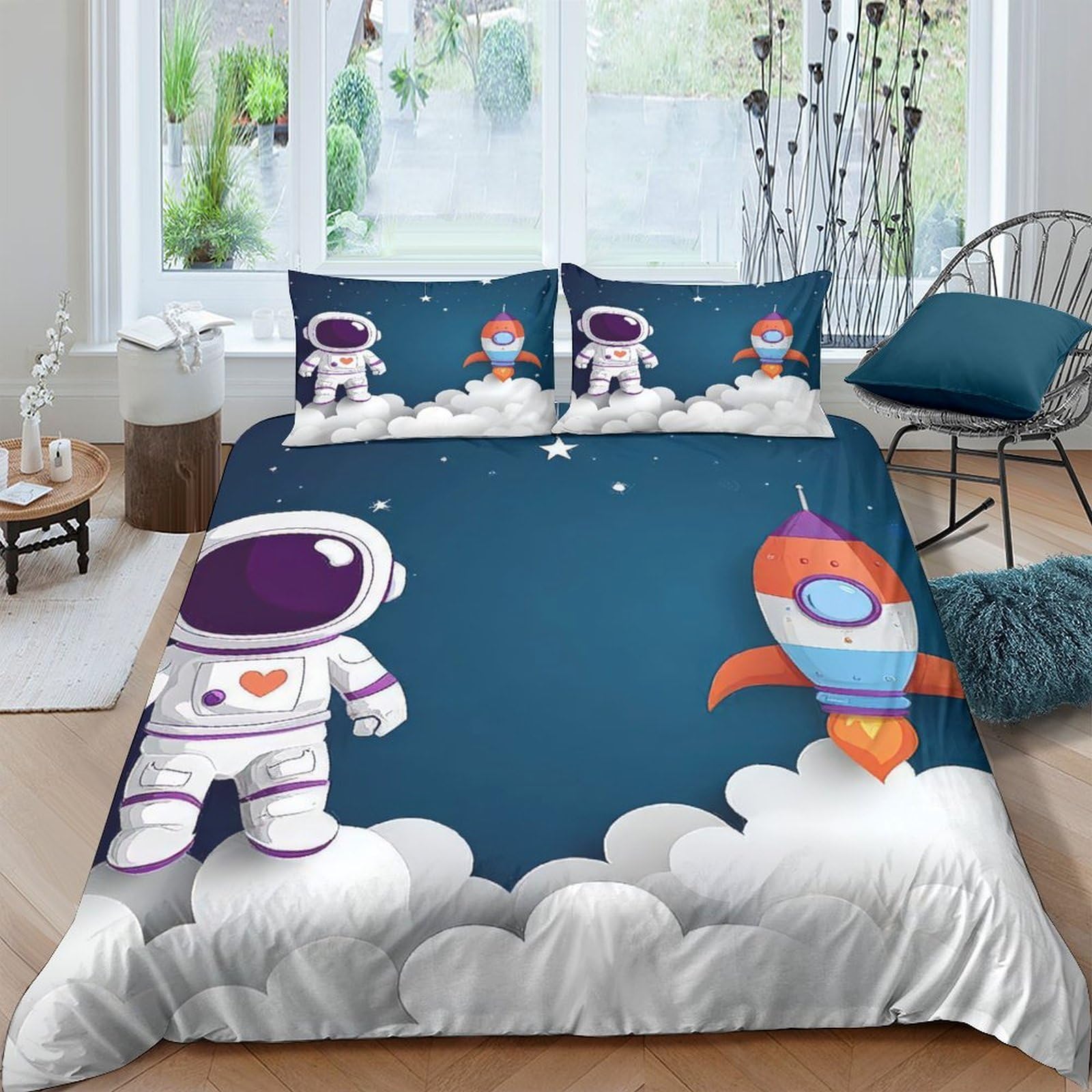 Ctjqhvkz Style-7 3D Printed Cartoon Astronaut Fitted Sheet Microfiber Soft Blue Rocket Bed Cover For Bedroom Dorm Mattress Decor Single（135X200cm）