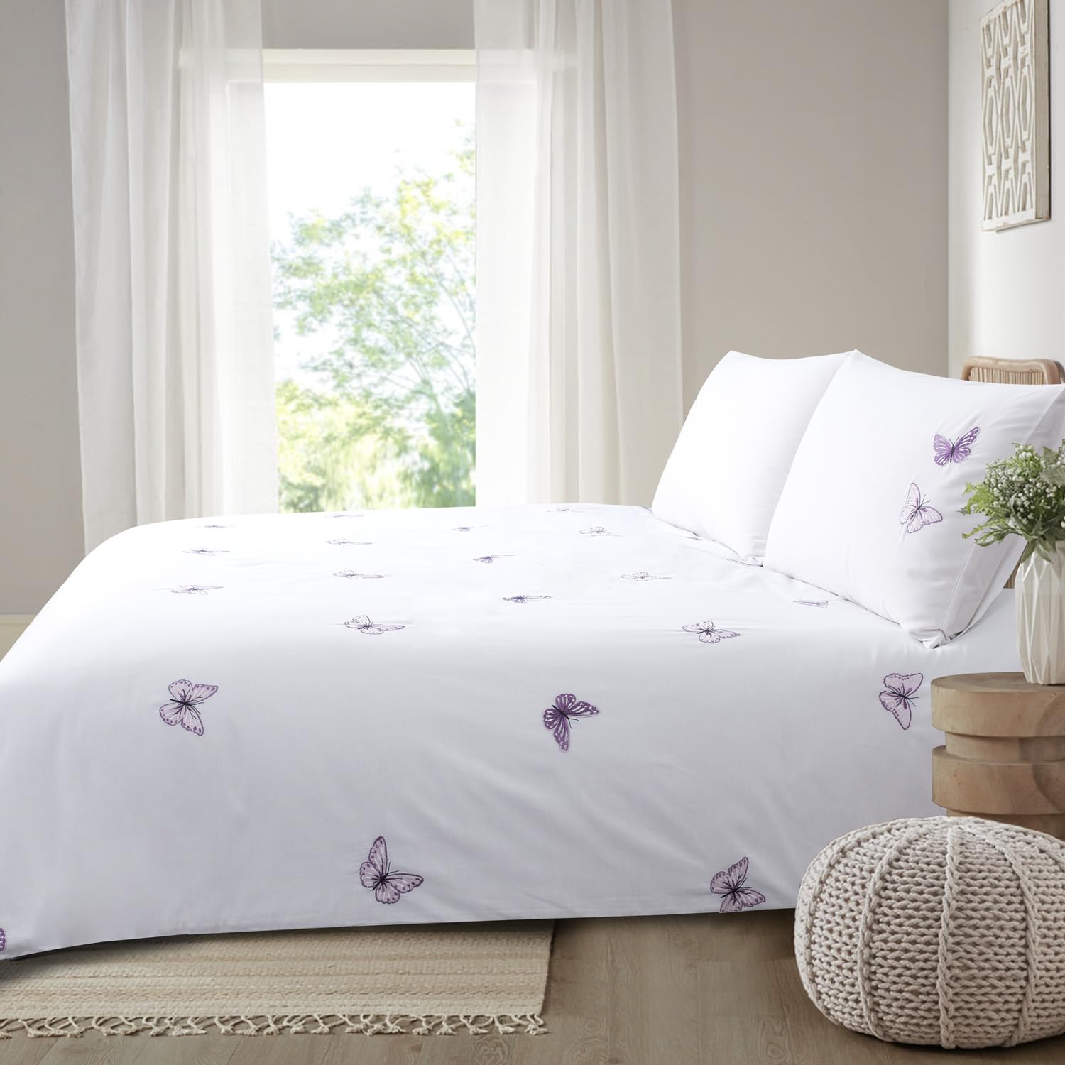 Chlophy Purple Butterfly Duvet Cover Embroidered Double White Girls Spring Duvet Sets Pink Lavender Elegant Pretty Luxury Kids - Image 2