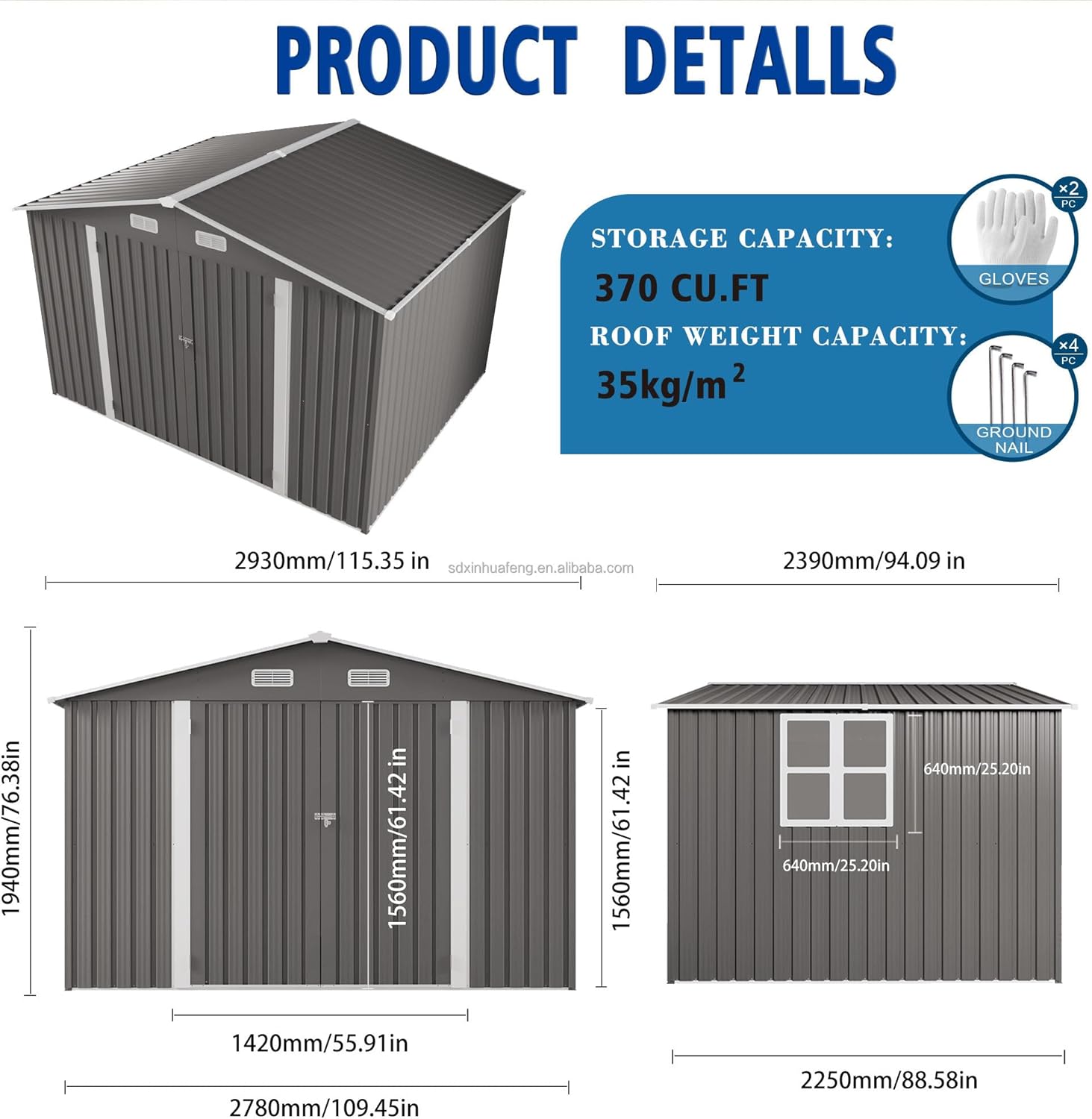 Outdoor Metal Storage Shed (10x8 FT) with Lockable Doors, Galvanized Steel Garden Tool Shed, 370 Cu Ft Capacity, Gray