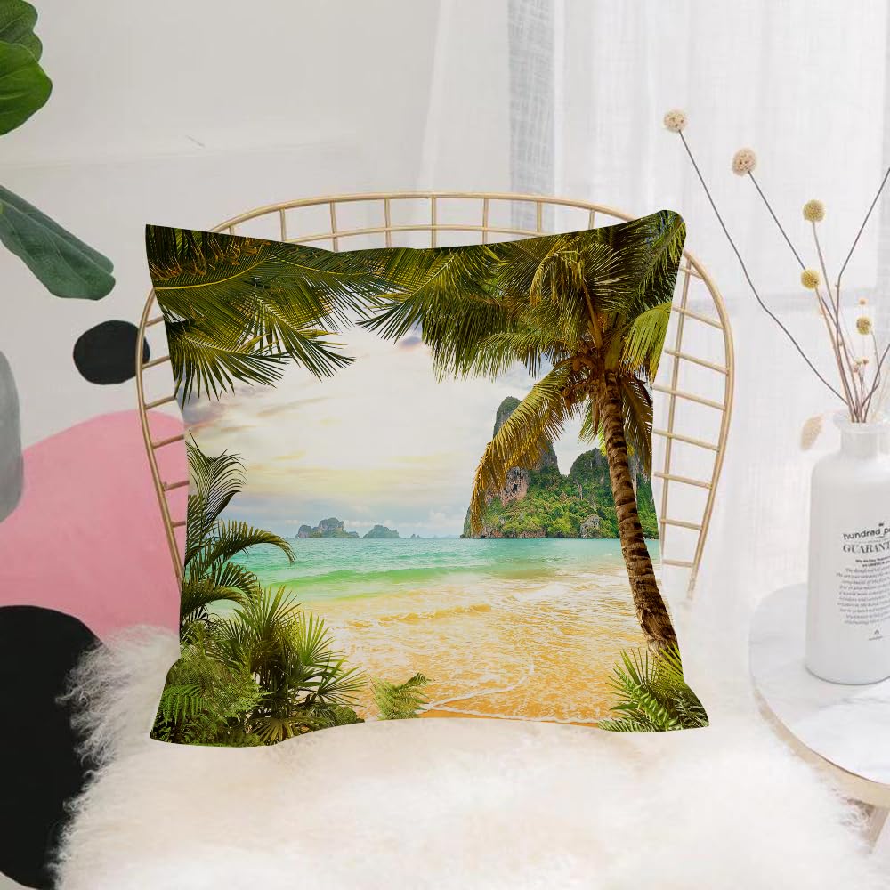 HYOSXW Cushion Cover,Throw Pillow Case Home Decorative for Living Room Bedroom Sofa Chair 16X16 Inch,Ocean, Palm trees, coconut trees and ocean waves through the mountains in Parad,Pillowcase 40X40cm