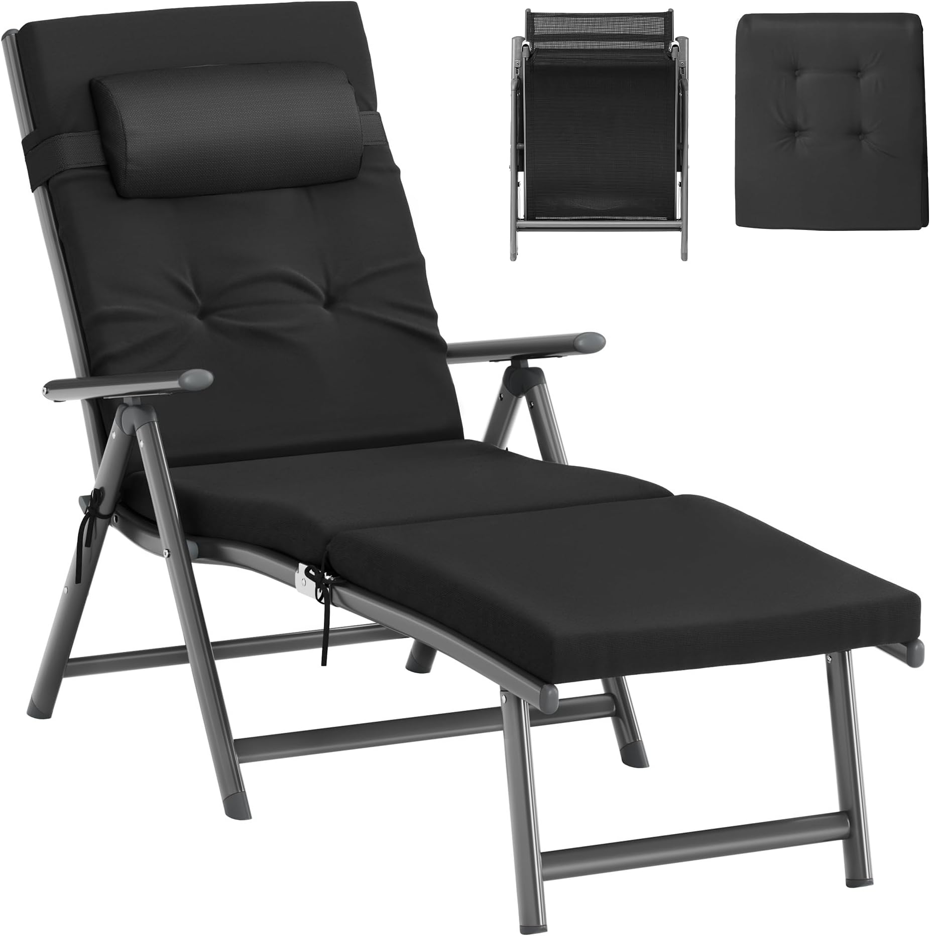 SONGMICS Folding Sun Lounger with 6 cm Thick Mattress, Garden Chair, Removable Pillow, Aluminium Structure, Rust-Resistant, Breathable, Comfortable, Adjustable, Hold up to 150 kg, Black GCB024B01