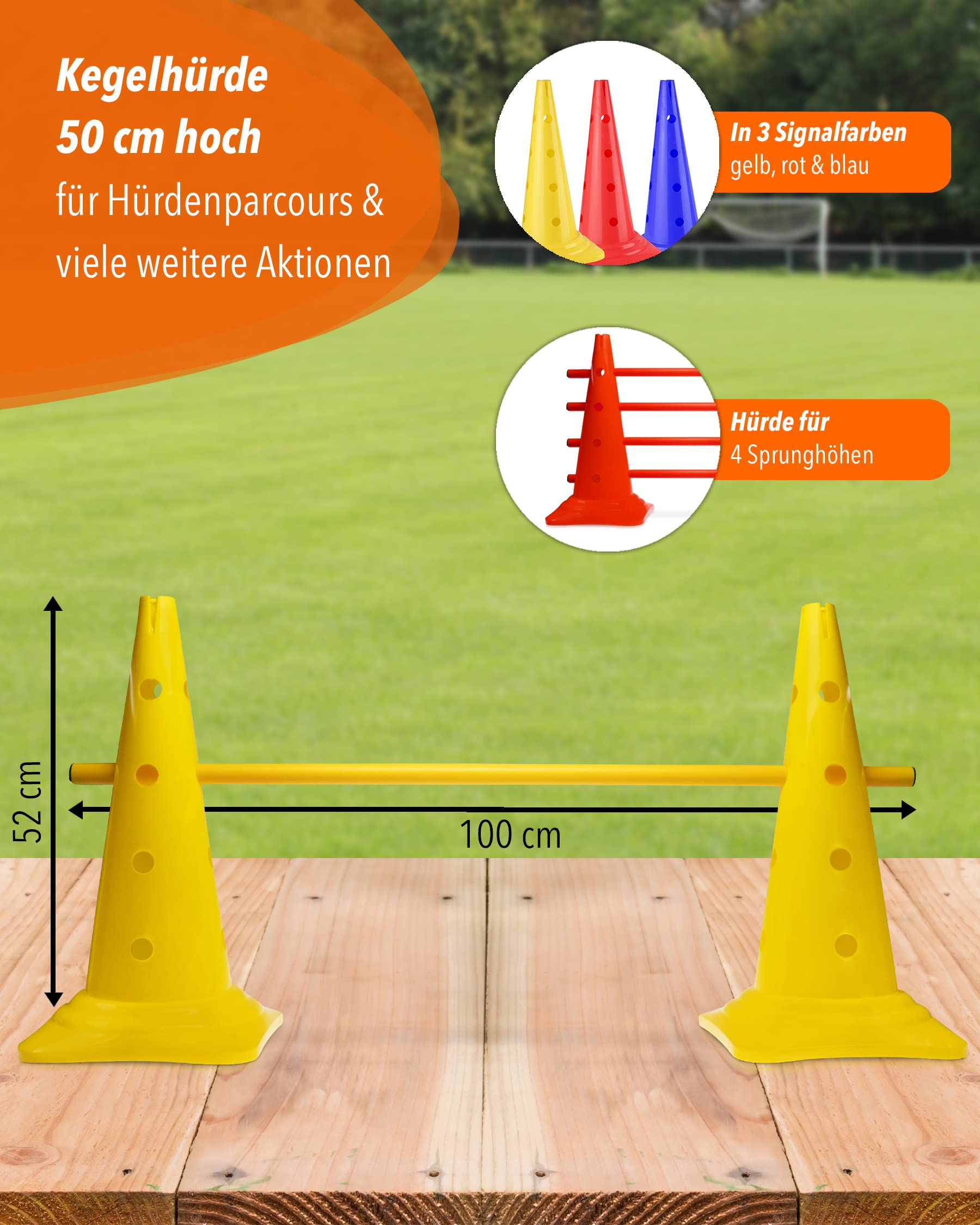 Kegel Ostacoli 50 con aste da 100 cm, set da 3 pezzi, giallo/rosso/blu, ostacoli per agility, bambini e sport di squadra, mini set flessibile per allenamento parcours;
