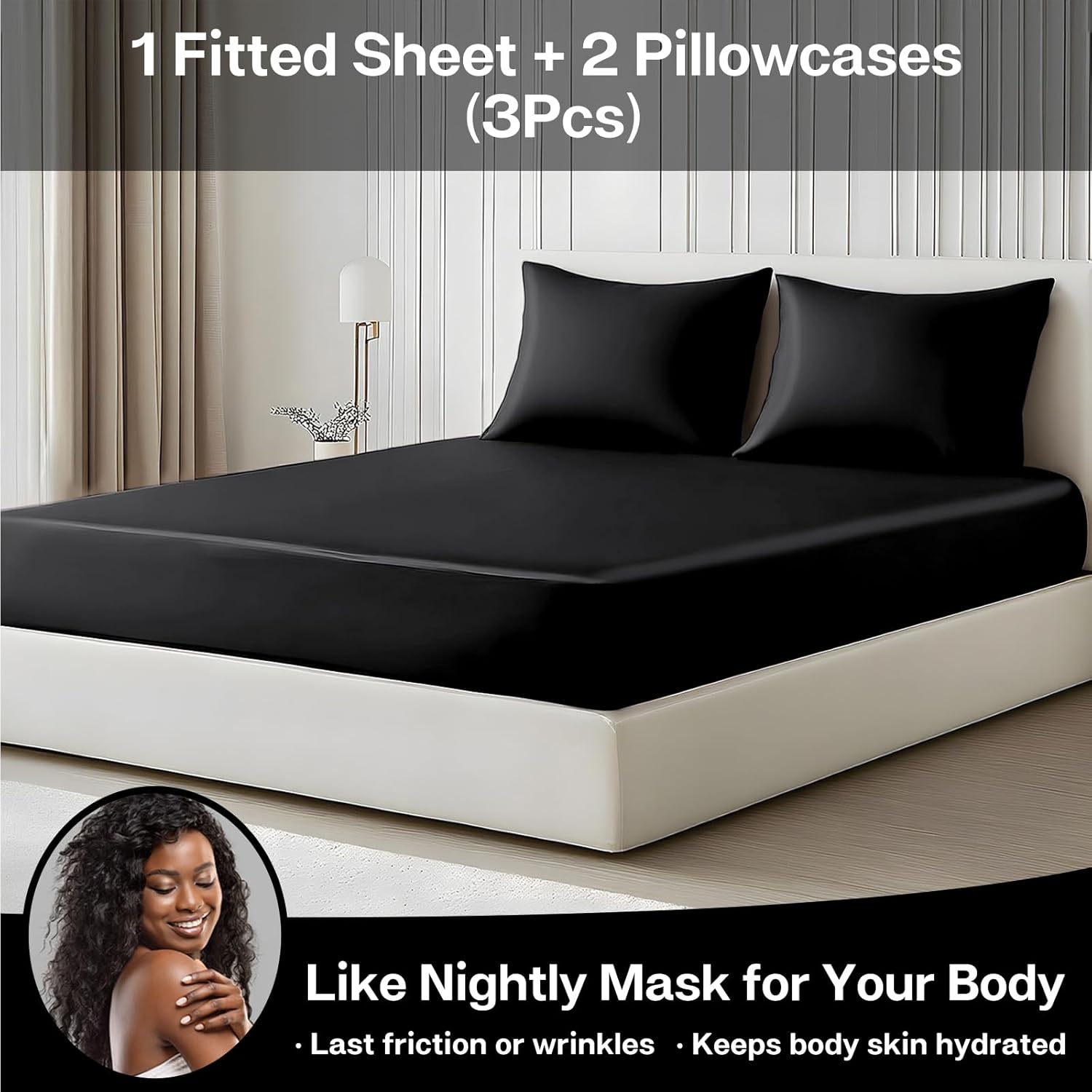 MR&HM Satin Fitted Sheet & Pillowcase Set Queen Size, 3-Piece Silky Soft Bedding with 15" Deep Pocket, Reinforced Elastic Corner Straps to Prevent Slipping Off Mattress, Black