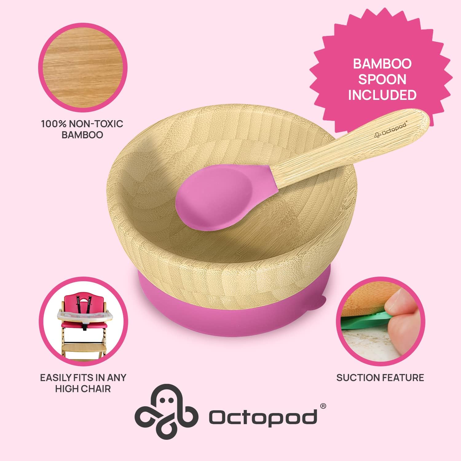 Abiie Octopod Bamboo Baby Bowl Set for 4 Months and Up – Mess-Free High Chair Suction Bowl with Spoon for Toddlers and Kids - Ergonomic Baby Feeding Essentials - 5.7" x 3" x 5.7" - Pink