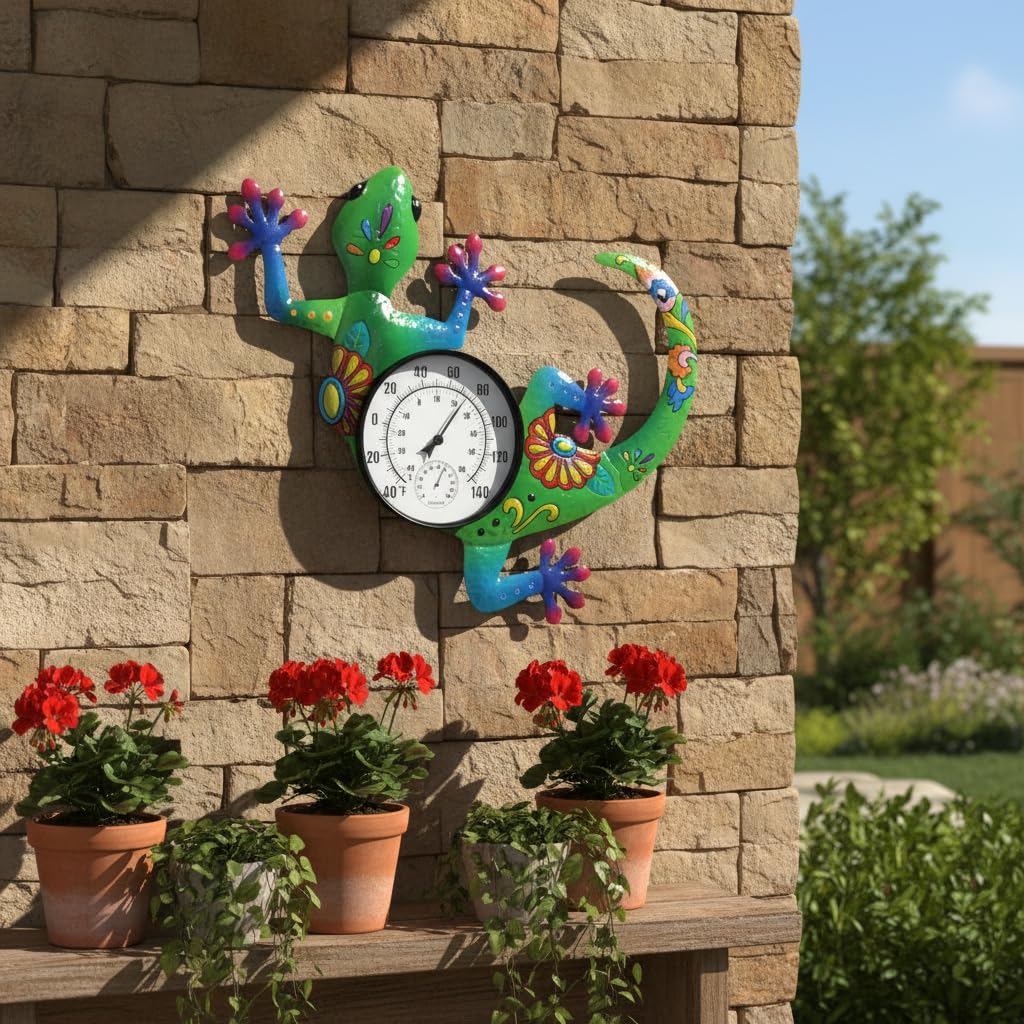 Outdoor Thermometer No Need Battery, Metal Outdoor Wall Thermometer Hygrometer Waterproof, Large Decorative Indoor Outdoor Thermometer for Patio, Room, Garden, Home(Dark Green Gecko)
