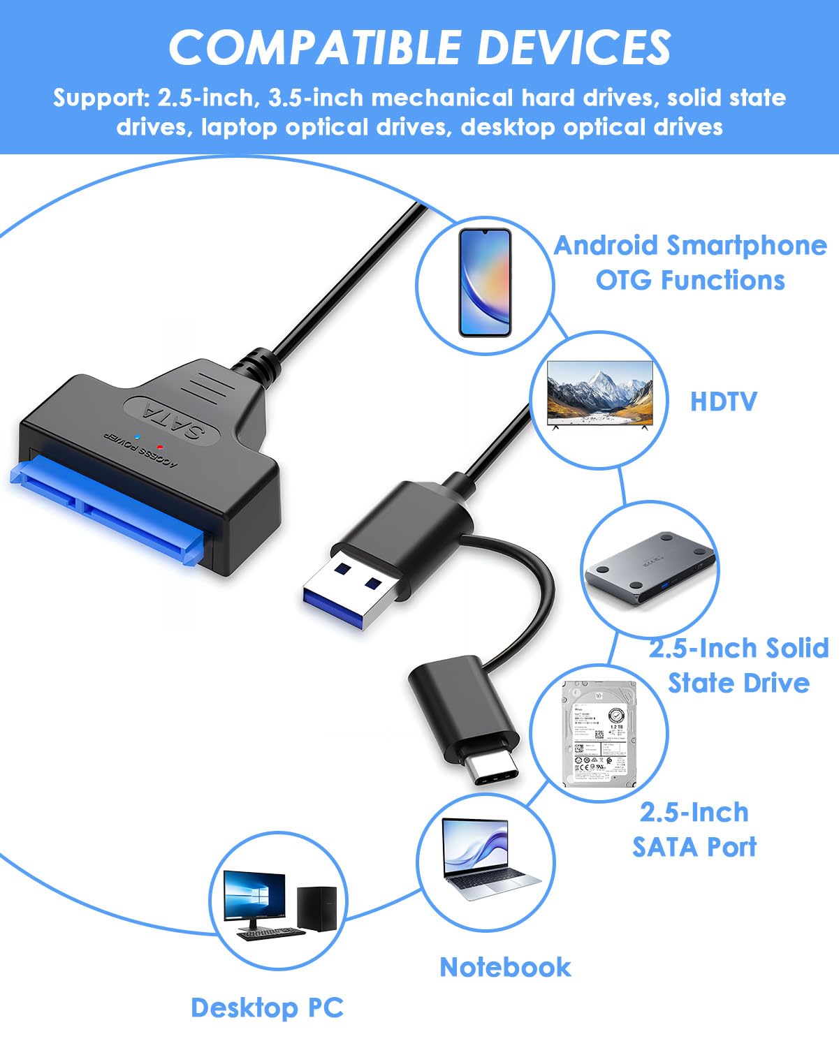 Câble Adaptateur SATA Vers USB 3.0 Avec Alimentation 12V | Connexion Pour Disque Dur Interne HDD/SSD 2.5 Et 3.5 Pouces | Transfert à 5 Gbps - Plug & Play