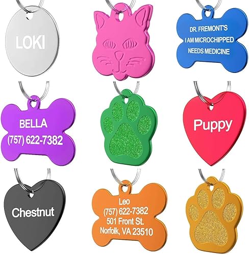 Etiqueta de ID de mascota, personalizado para perro, gato, muchas formas y colores a elegir, hecho en Estados Unidos, aluminio anodizado fuerte