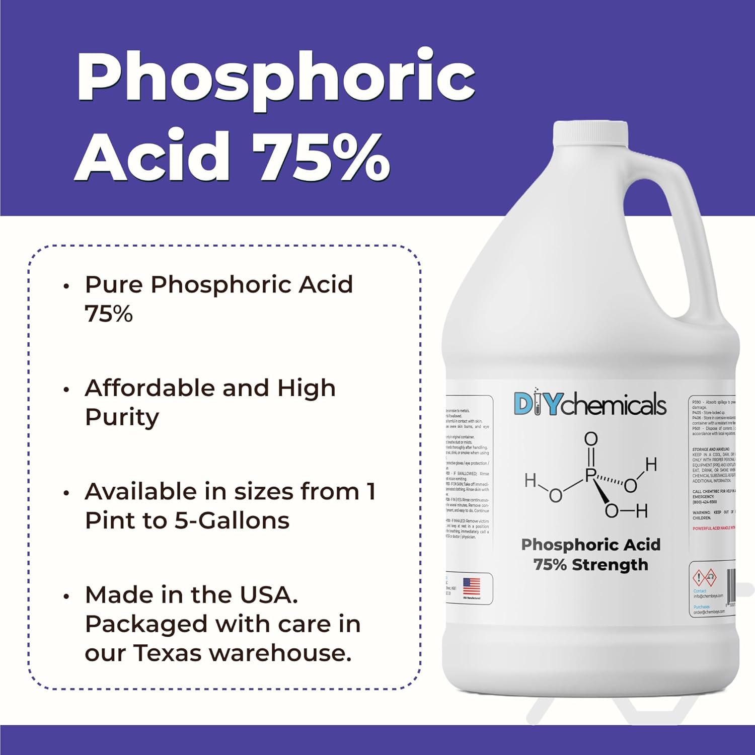 DIYChemicals Phosphoric Acid 75% – Rust Remover, Wood Stain Remover, pH Control, High Purity Orthophosphoric Acid for Metal, Fertilizers - Made in USA - 1 Gallon (128 fl oz)