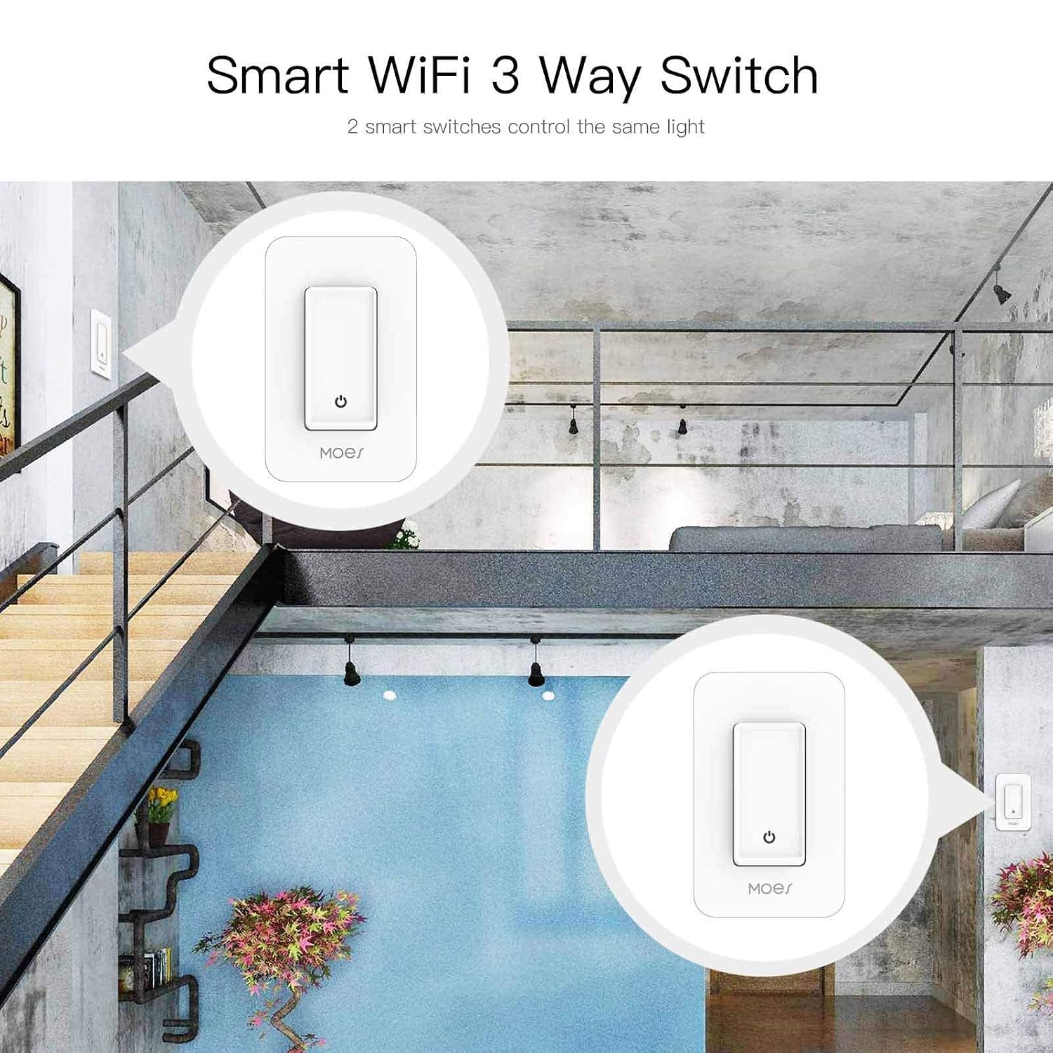 MOES 3-Way Smart Switch Neutral Wire Needed, 2.4GHz Wi-Fi Light Switch Works with Smart Life/Tuya APP, Alexa and Google Home, No Hub Required, White(2 Pack)