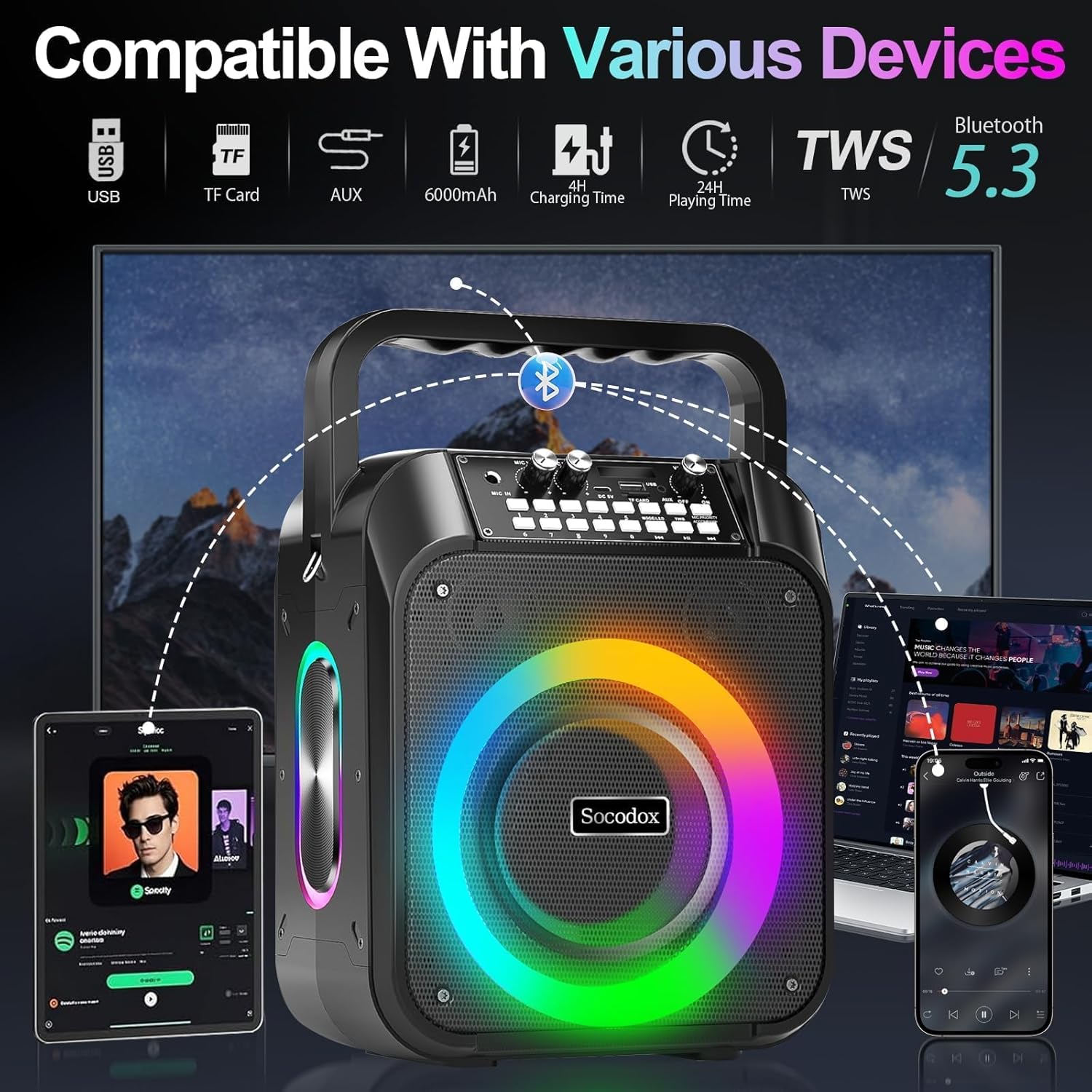 Karaoke Machine,60W Portable Bluetooth Karaoke Speaker with 2 Wireless Microphones,6000mAh Battery 12H Playtime,TWS Stereo,RGB Light,Dual Diaphragm PA System for Adults,Kids,Parties,Singing,DJ