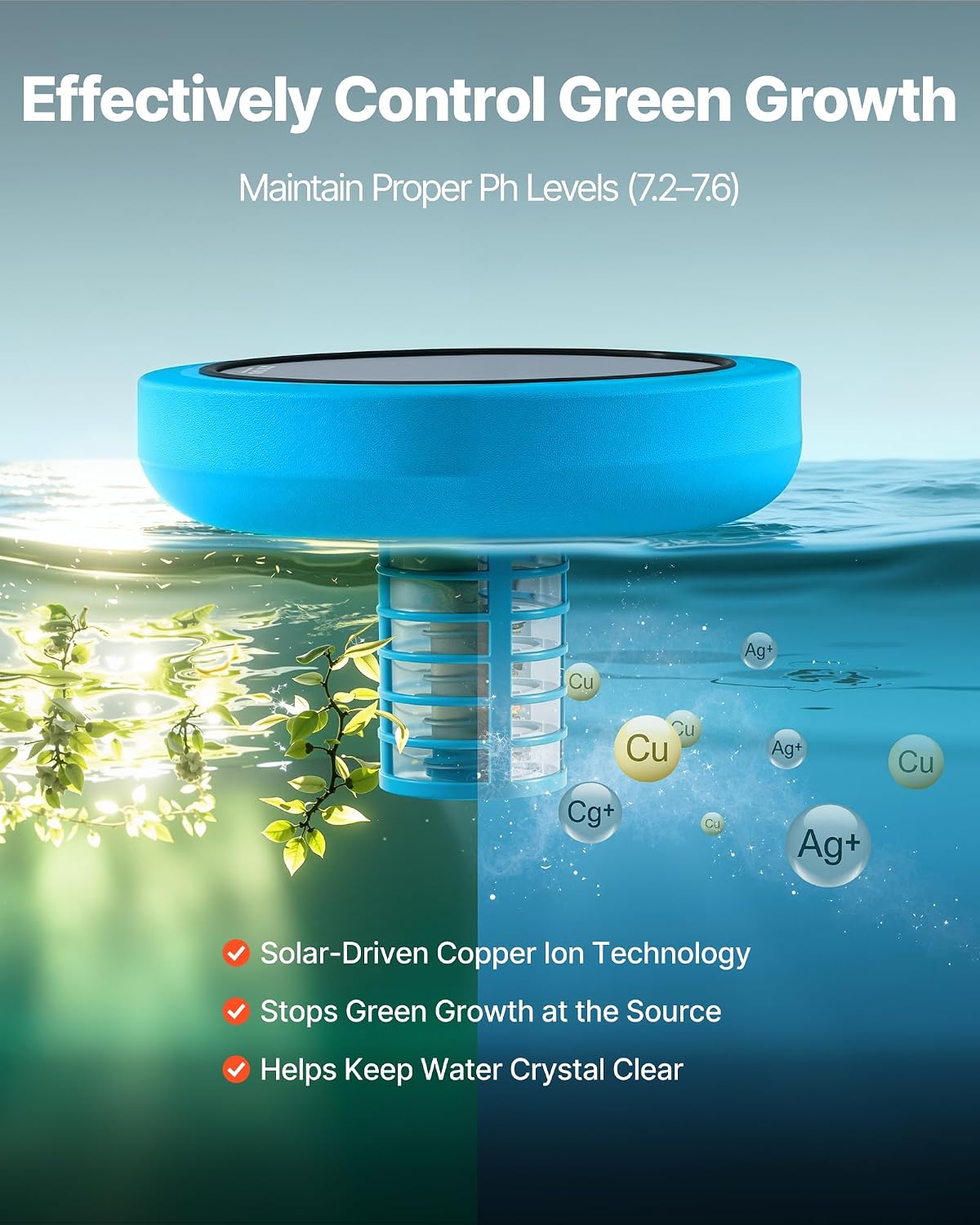 VEVOR Solar Pool Ionizer, for Pools Up to 35000 Gal, Round Copper Pool Ionizer, Floating Automatic Water Cleaner and Purifier, Chlorine-Free Water, with Copper Anode, Spring, Brush and Filter for Spas