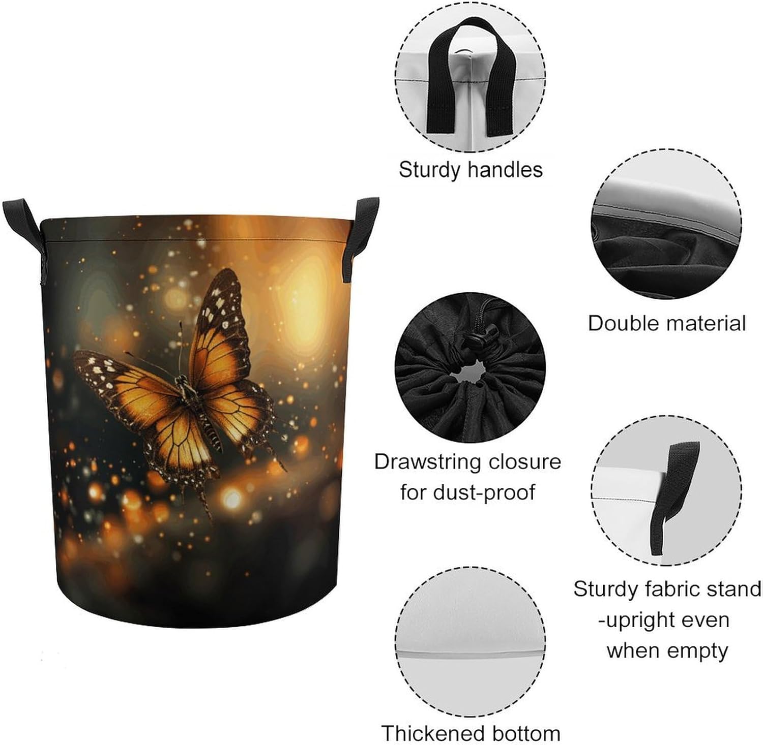 Orange Butterfly Laundry Basket Collapsible Clothes Hamper with Reinforced Handles Large Capacity Waterproof Laundry Bag Freestanding Laundry Hamper for Bedroom Bathroom