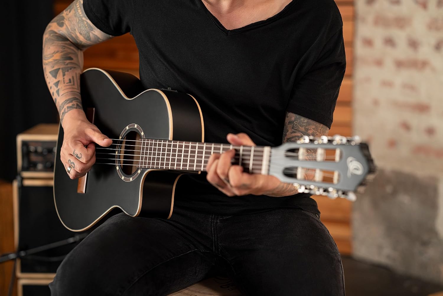 Ortega Family Series 3/4 size Thinline Nylon-String Acoustic-Electric Guitar w/Pro gig bag, Satin Black (RCE125SBK-3/4)