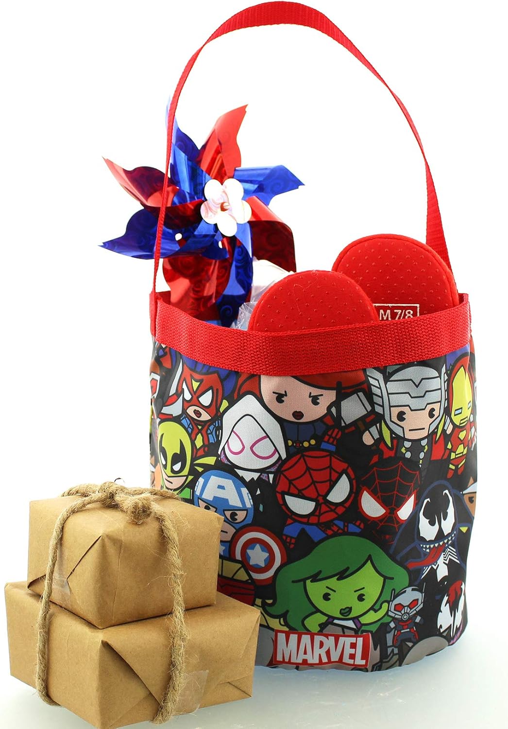 Marvel Kawaii Avengers Boys Collapsible Nylon Gift Basket Bucket Tote Bag (One Size, Red/Black)
