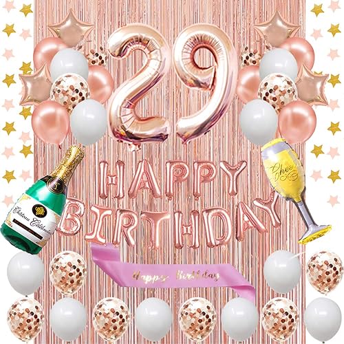 Fancy partyshop - Decoraciones de cumpleaños 29  Cartel y banda de cumpleaños de color oro rosa con globos del número 29, globos de látex de