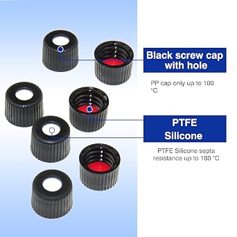 ALWSCI HPLC LC 8-425 Screw Thread Vial Caps, 8 mm, PTFE/Silicone Septa, Black, Polypropylene, 100 pcs/pk