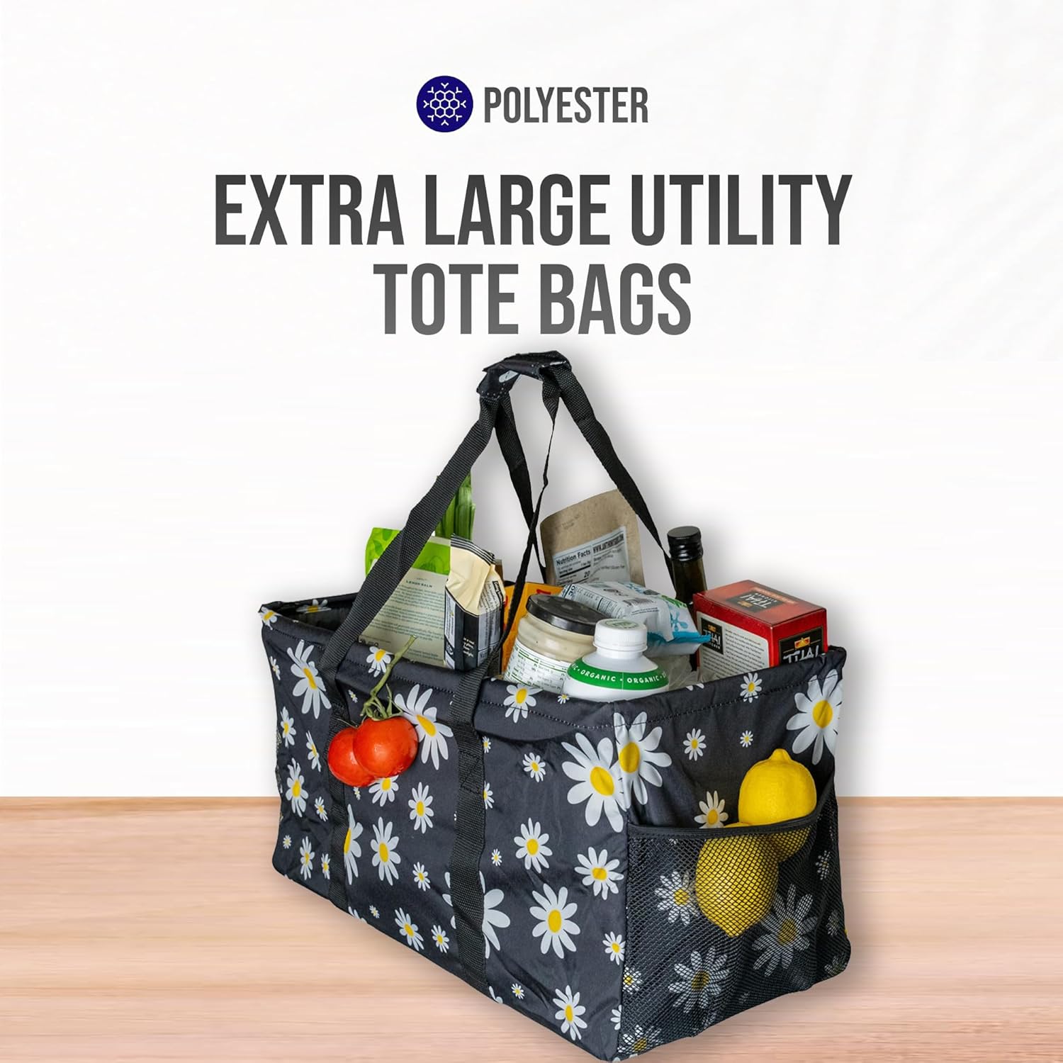 Extra Large Utility Tote Bag - Oversized Collapsible Reusable Wire Frame Rectangular Canvas Basket With Two Exterior Pockets For Beach, Pool, Laundry, Car Trunk, Storage - Black Daisy