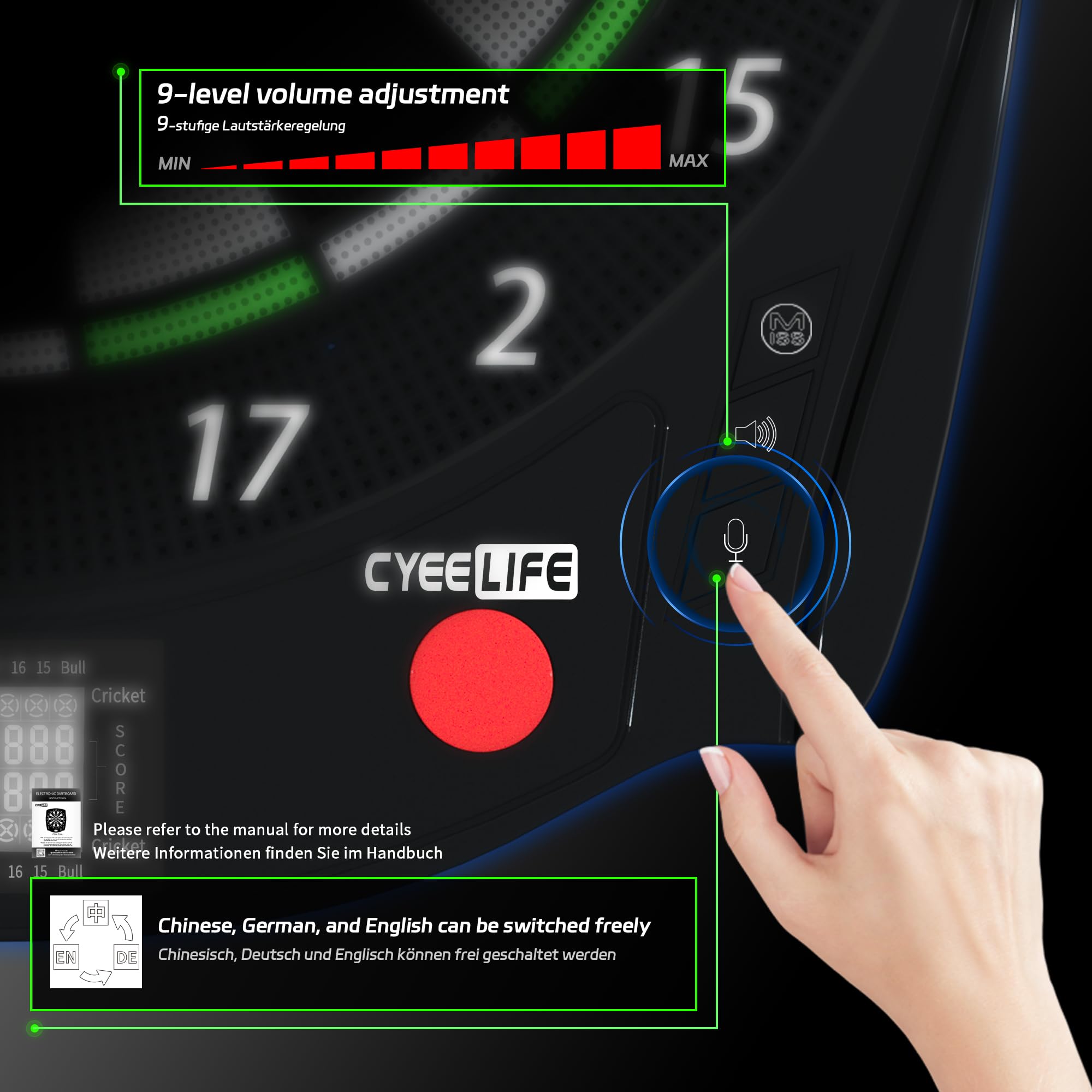 CyeeLife Bersaglio elettronico con 12 freccette e accessori, batteria/adattatore/tedesco inglese 3 lingue