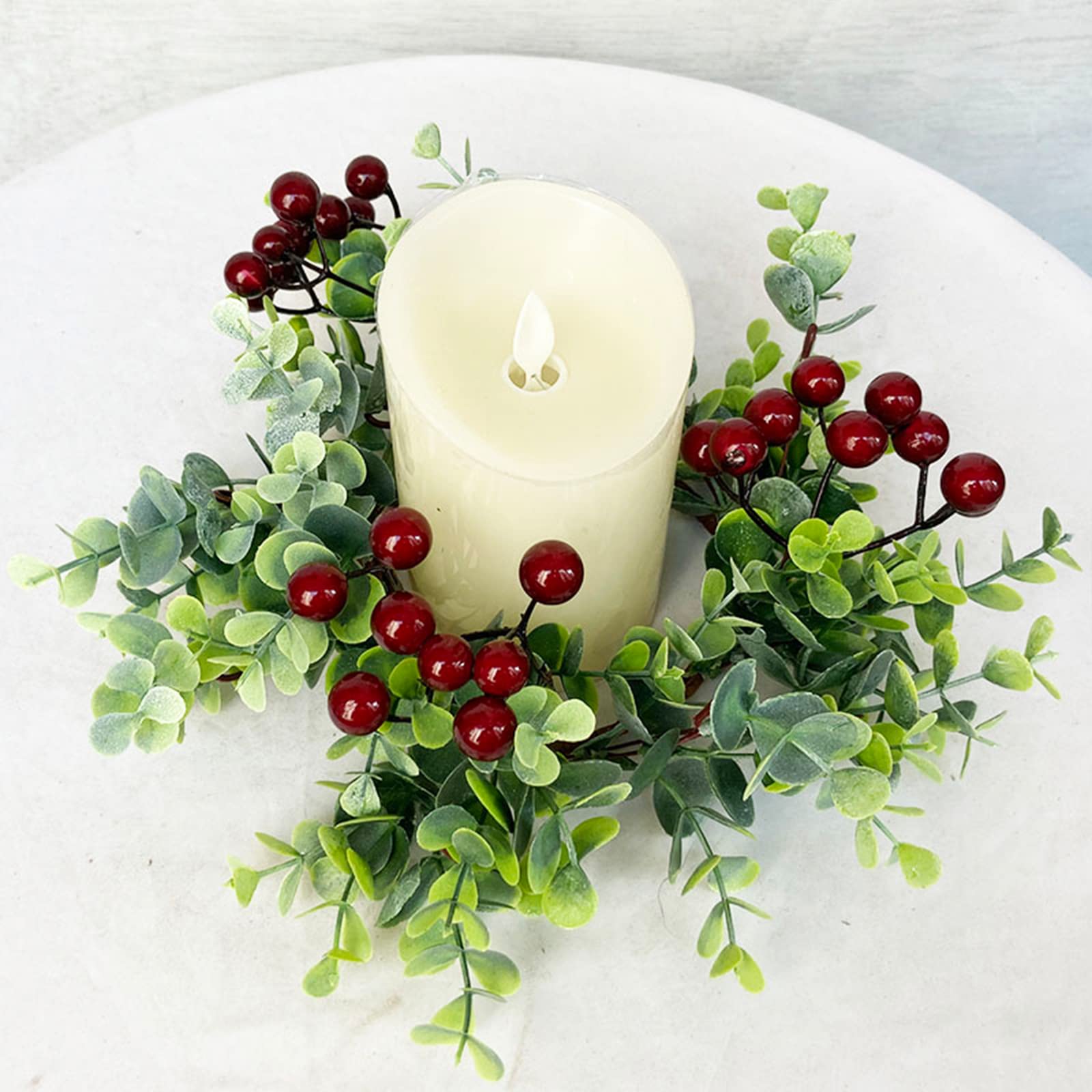 MISNODE 4 Pack Christmas Candle Rings, Artificial Eucalyptus Leaves Wreath Candle Rings with Red Berries, Pillar Candle Holder Berry Candle Garland for Xmas Wedding Home Tabletop Decor (Green A)