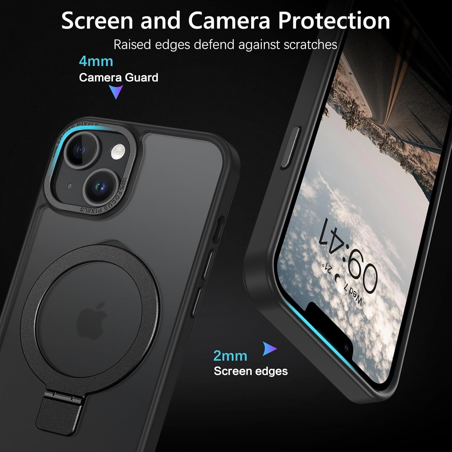 Telaso Magnetic for iPhone 14/iPhone 13 Case, Compatible with Magsafe with Magnetic Stand Ring Holder, Translucent Matte Back TPU Bumper Military Grade Protective Case for iPhone 14/iPhone 13, Black - Image 4