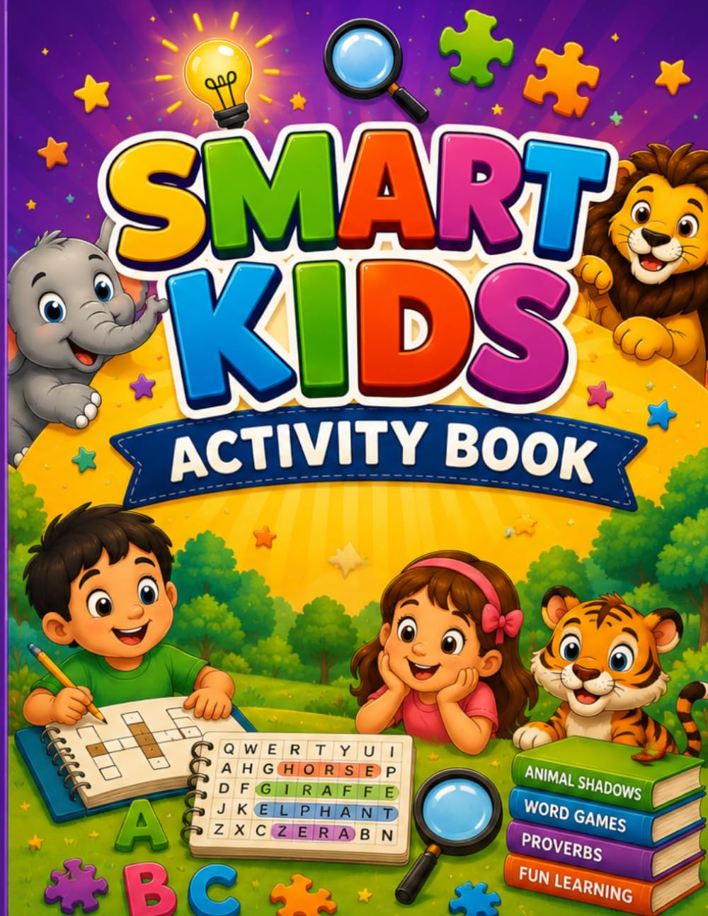 Smart Kids Activity Book: Fun Learning Activities for Kids Ages 6-10 - Includes Animal Shadows, Emoji Proverb Puzzles, Word Games, and Brain Teasers with Solutions