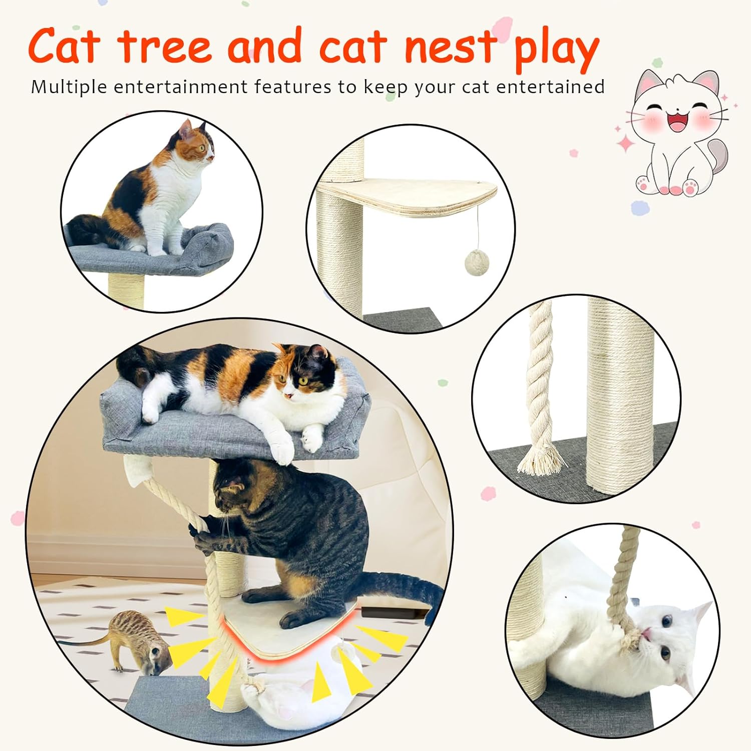 35" Cat Tree Tower for Indoor Cats, Tall Cat Scratching Post with Large Bed for Maine Coon Big Cats, Sisal Cat Scratcher with Soft Perch & Hammock, Stable Cat Stand, Gray