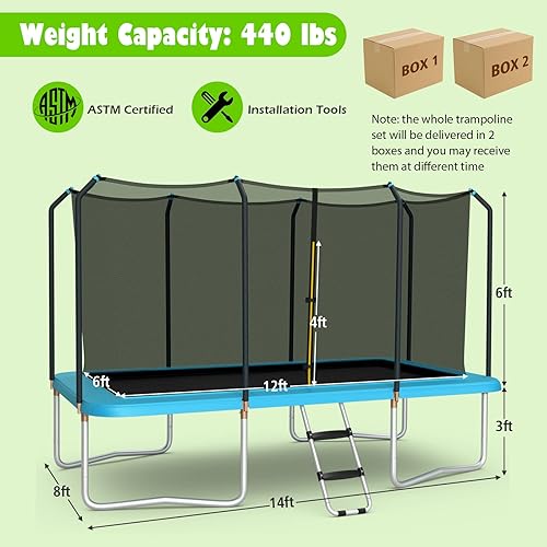 Miniatura 3 de Giantex Trampolín rectangular de 8 pies x 14 pies con certificación ASTM con recinto, escalera, marco de acero galvanizado de doble cara, carga