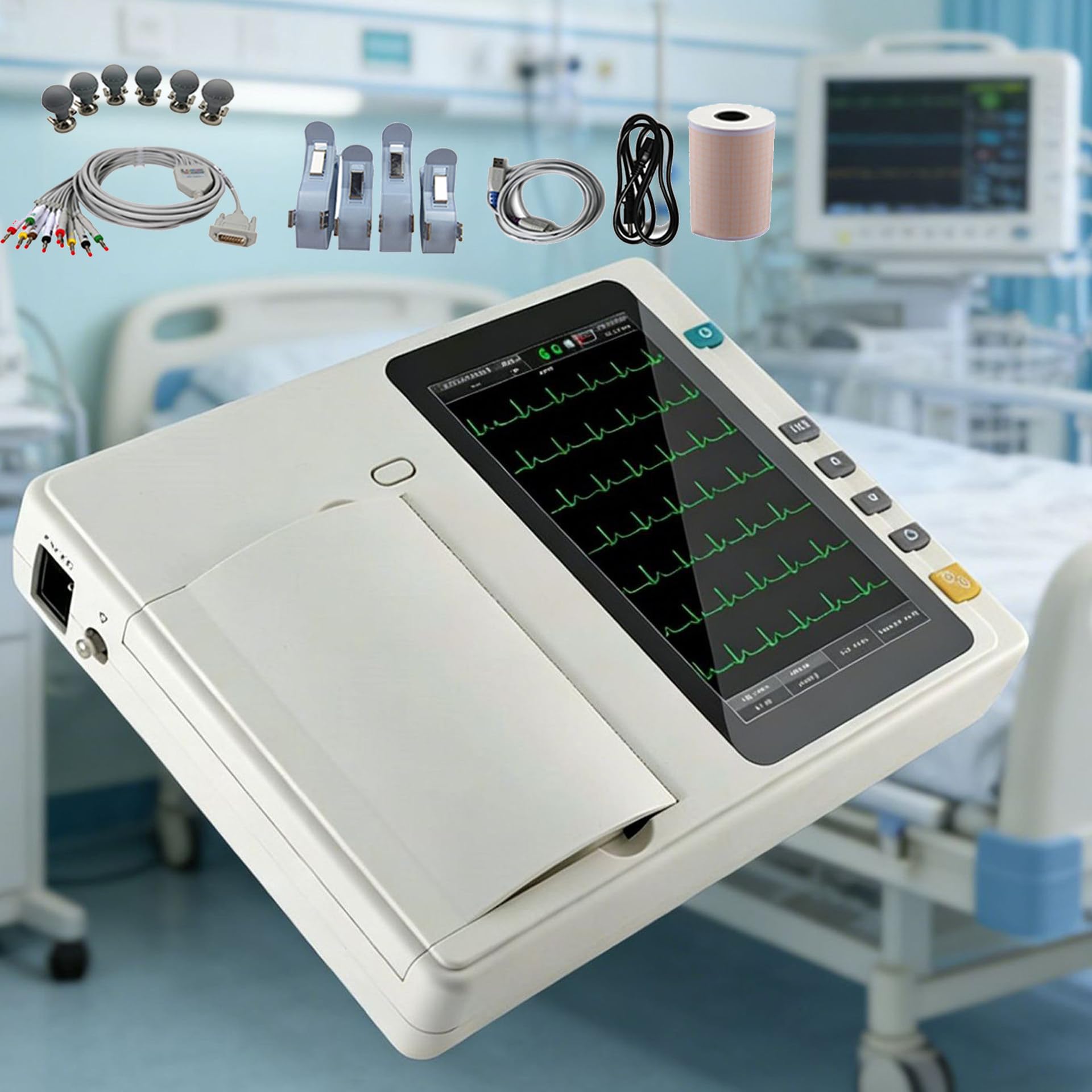Moniteur ECG, électrocardiographe Numérique 3 Canaux 12 Dérivations avec écran Tactile 7 Pouces Et Mise à Jour Logicielle Via USB/Carte SD pour Une Surveillance Précise De La Santé Cardiaque