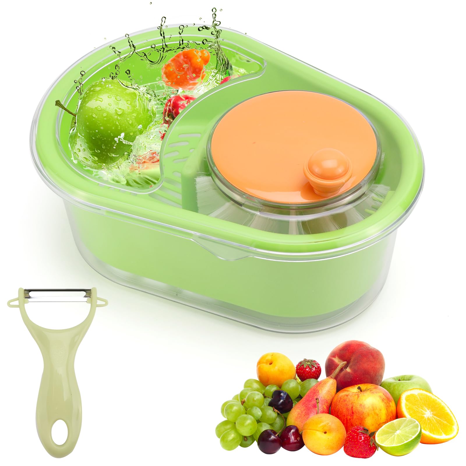 Obst Waschmaschine, Fruchtreiniger Spinner, Vegetable and Fruit Cleaner, Obst Gemüse Reiniger mit Sieb und Schüssel, für Obst und Gemüse (mit 1 Sparschäler) (Avocadogrün)