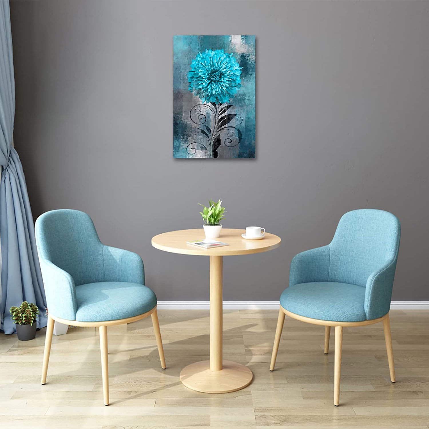 Abstract Flower Wall Art Teal Flowers Canvas Pictures Rustic Blossom Canvas Painting for Living Room Bedroom Wall Decor Modern Teal Grey Canvas Prints Contemporary Botanical Wall Art 16" x 24"