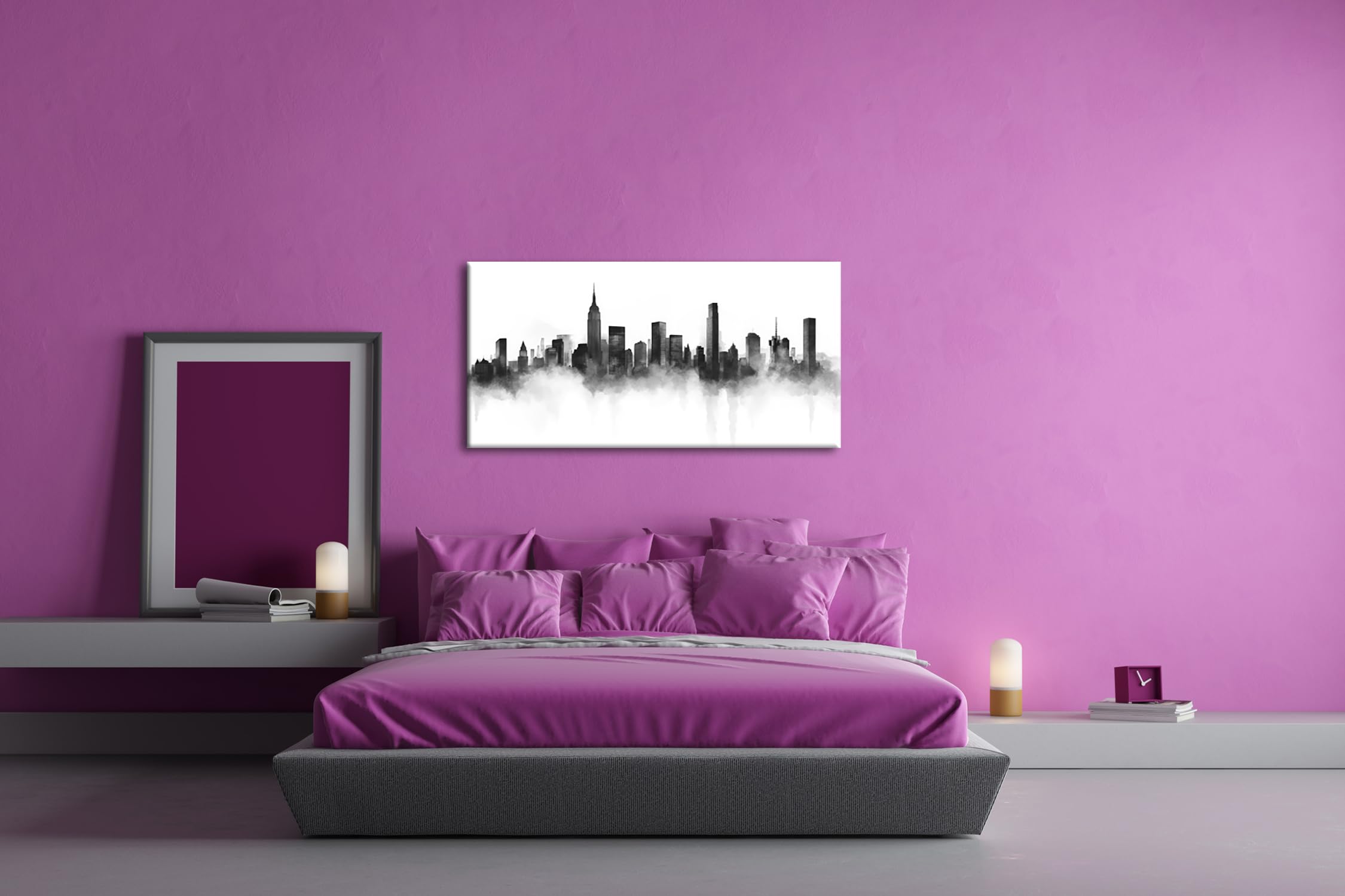 Schwarz-weiße Skyline, in Nebel gehüllt, zeigt urbane Eleganz Panorama 120x60cm Effekt:Schwarz&Weiß XXL Kunstdruck Motiv auf Holzrahmen/Leinwandbild/Wandbild/Wohnzimmer Dekoration